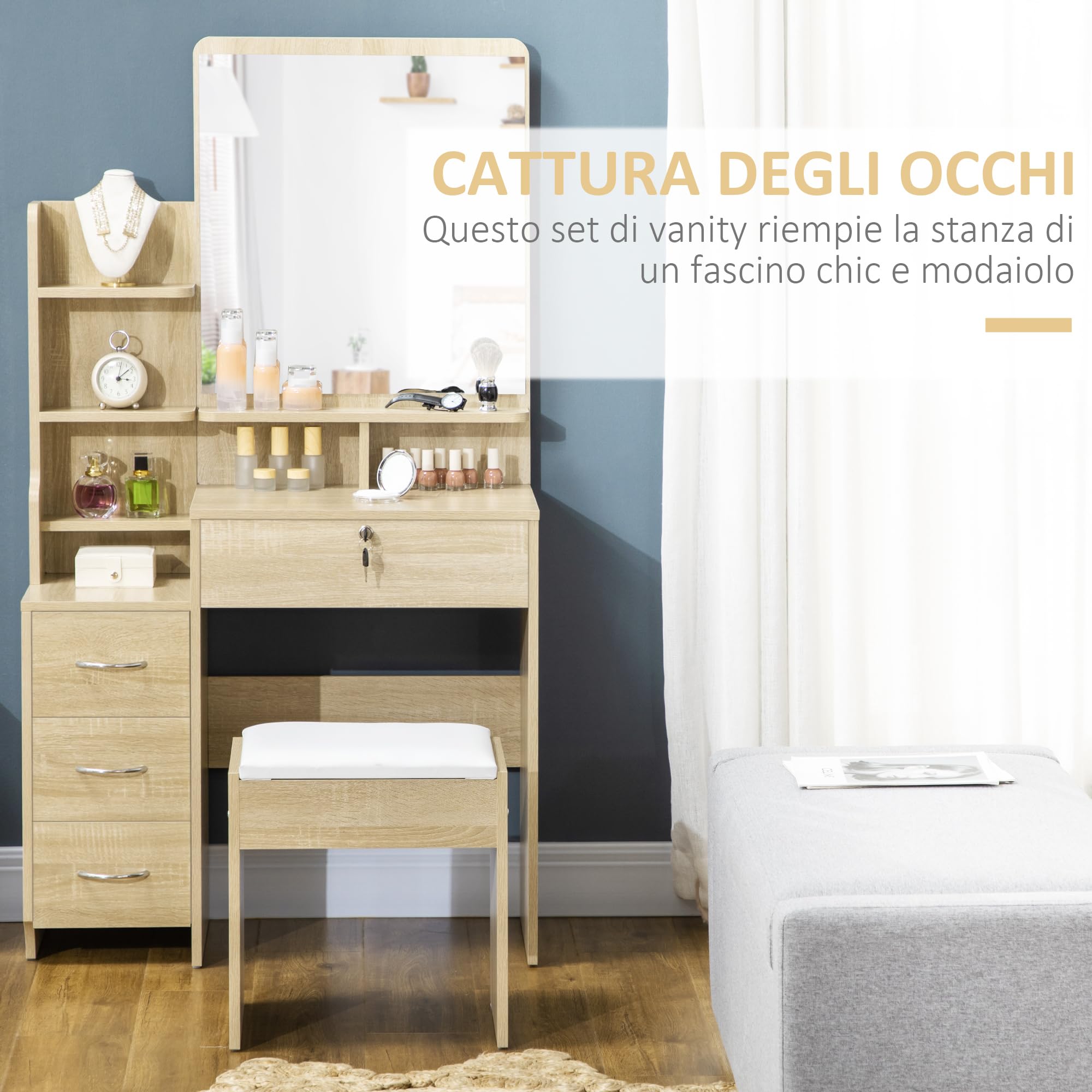 HOMCOM Postazione Trucco con Specchio Grande in Vetro Temperato, Toeletta Trucco con Sgabello Imbottito, 4 Cassetti e 4 Ripiani, Postazione Make Up per Camera da Letto, Colore Legno