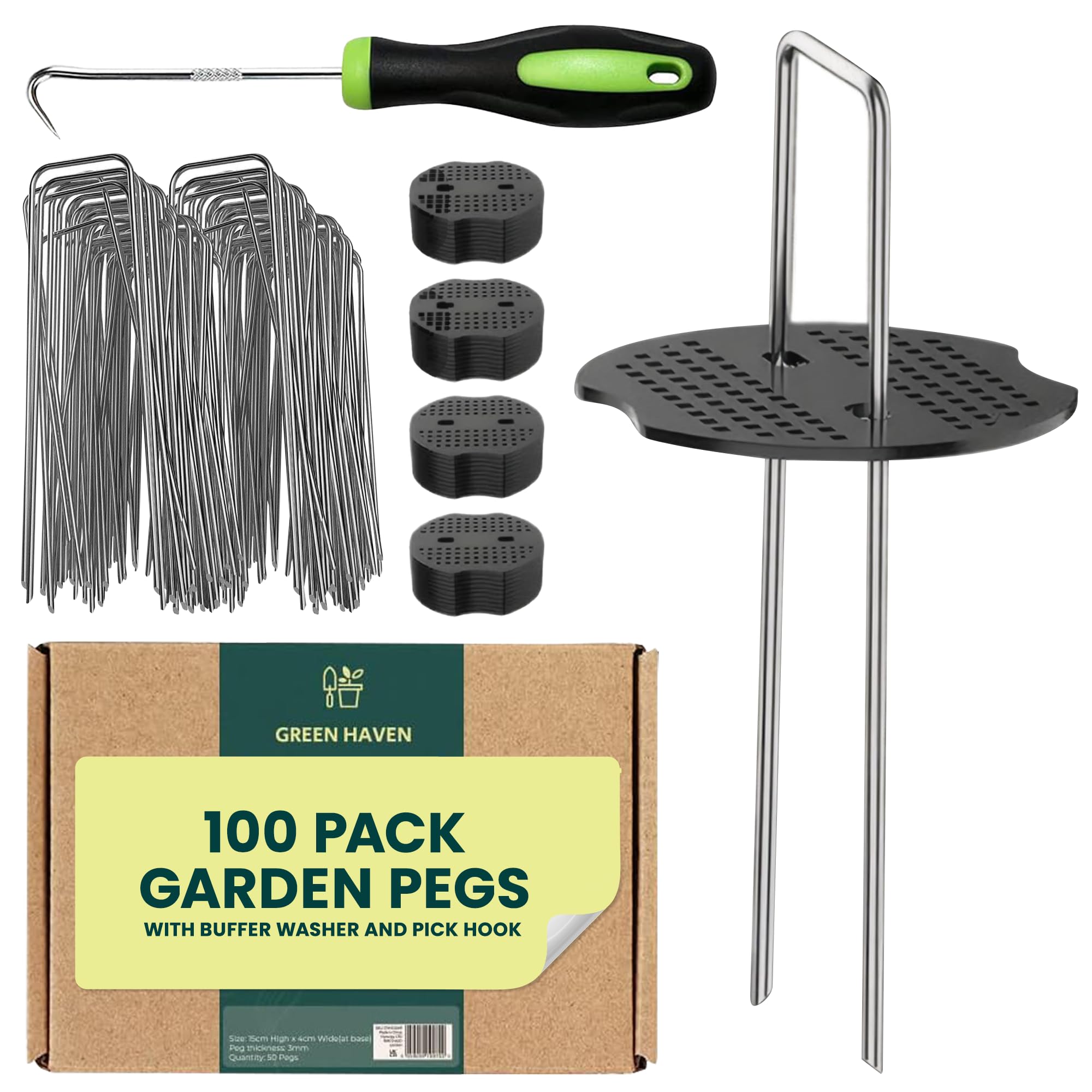 Green Haven Garden Pegs Buffer Bundle 100 Pack - Heavy Duty Garden Pegs for Weed Control Membrane Pegs, Weed Barrier Fabric, Netting & Landscaping, 15cm Metal Staples w/Large Buffer Surface