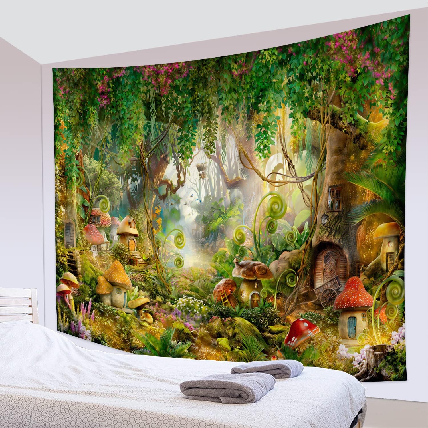 Fantasy Forest Mushroom Tapestry, Enchanted Wonderland Tapestry Fairy Tale Tree House Tapestries Wall Art for Baby Girls Bedroom Living Room Dorm Decor 98"W x 90"L(250x230cm) Wall Hanging