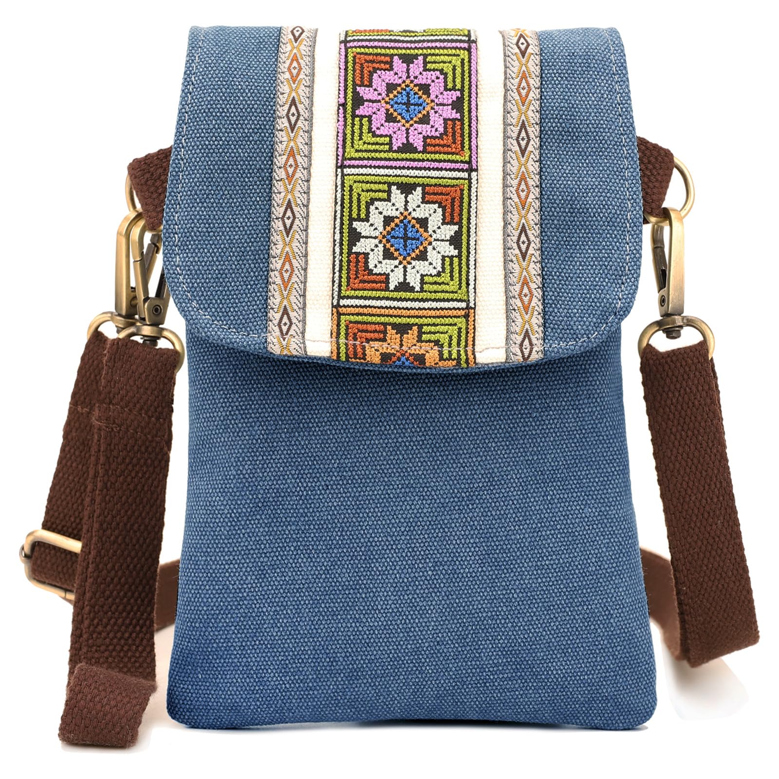 SILKAREA Vintage Embroidered Canvas Flip Small Crossbody Bag Cell Phone Pouch for Women Wristlet Wallet Bag Coin Purse