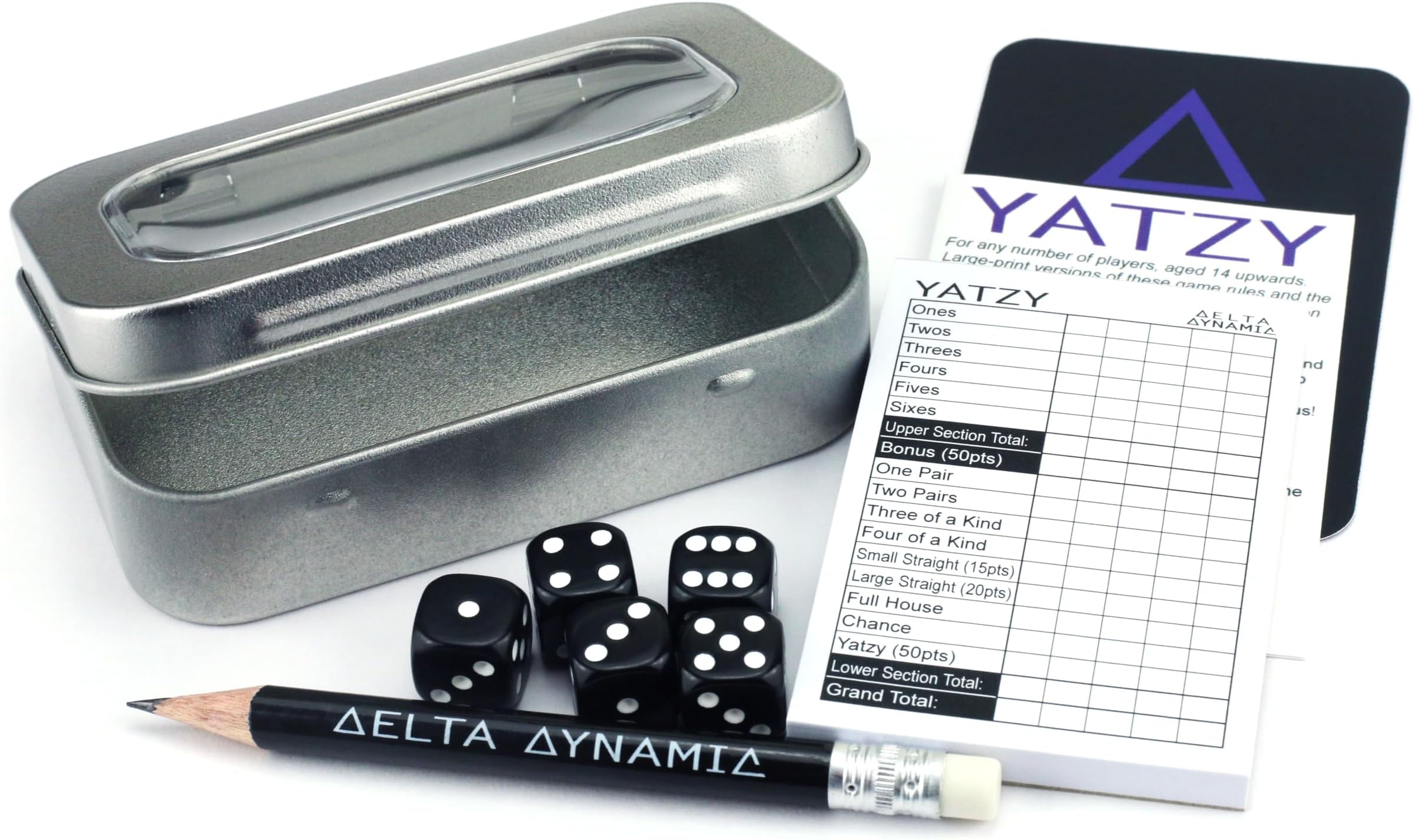 Yatzy Travel Tin โ Traditional Dice Game in a Compact Hinged Storage Tin. Pocket-Sized Set (9.6 x 6.2 x 2.2cm). UK-Made.