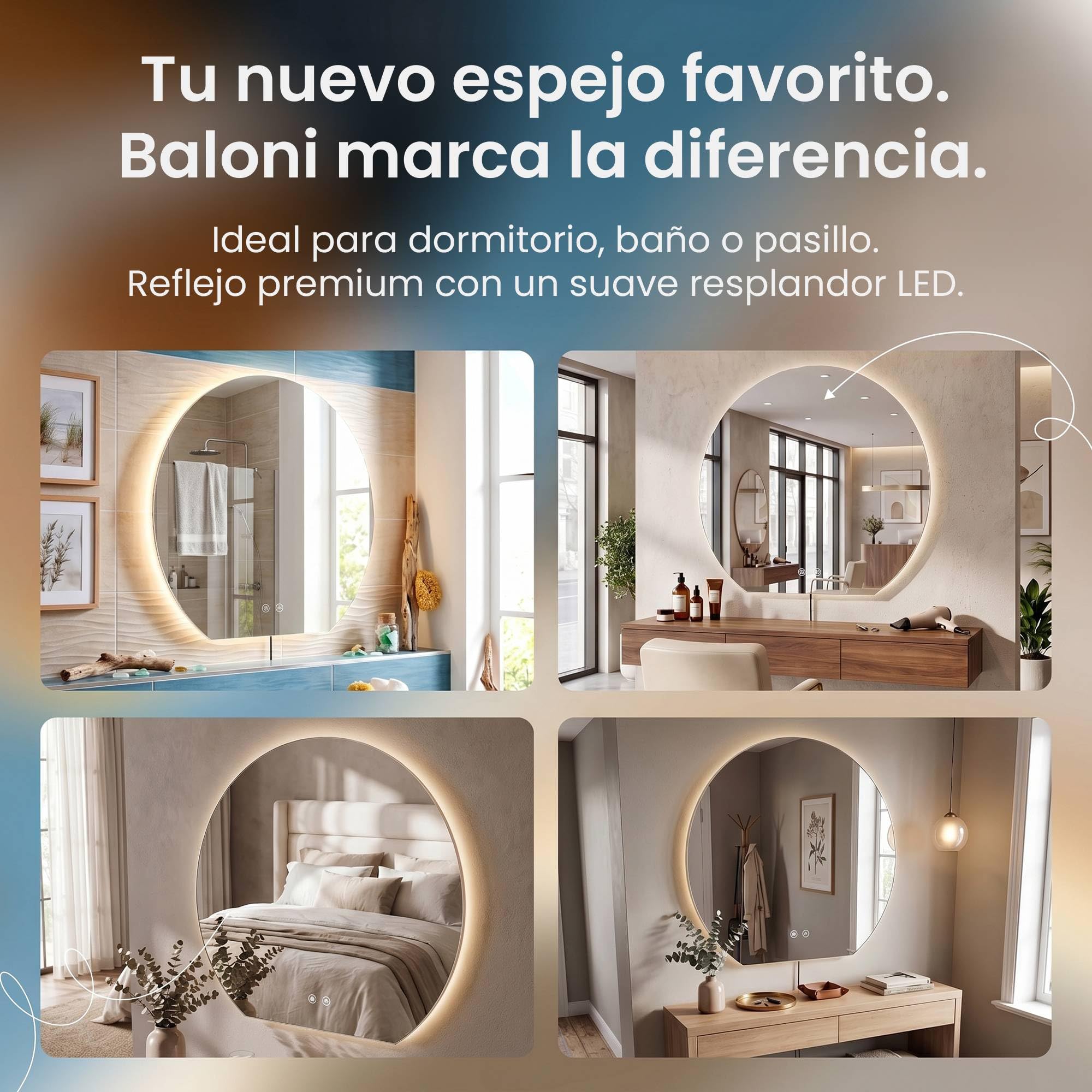 CLP Espejo de Bano LED semicircular, Espejo de Pared sin Marco con Sensor tactil, Regulable, 3 Tonos de luz, antivaho Baloni, Tamaño: