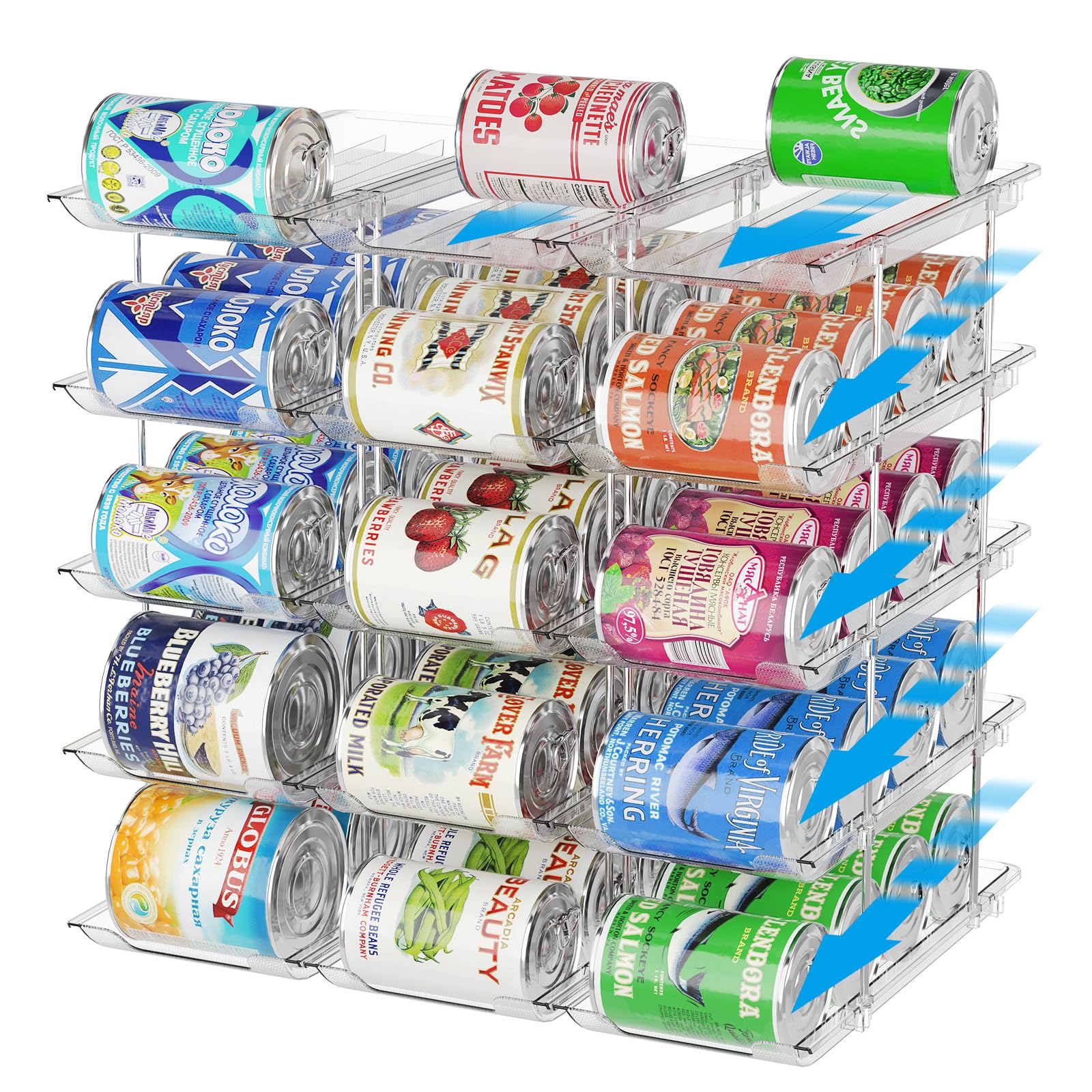 BingoHive Stackable 5 Tier Pantry Can Holder Fridge Can Holder 36 Cans Freely Combinable and Automatic Rolling for Cupboard and Kitchen Transparent