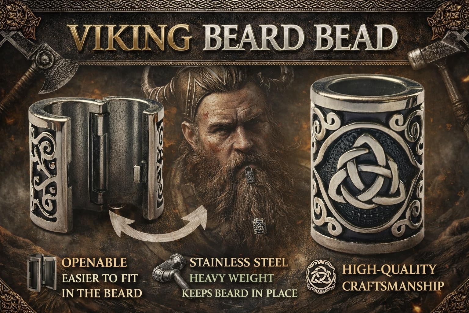 Abridor de cuentas para el pelo, cuentas de barba vikinga de acero inoxidable 316L, color plateado, enormes runas