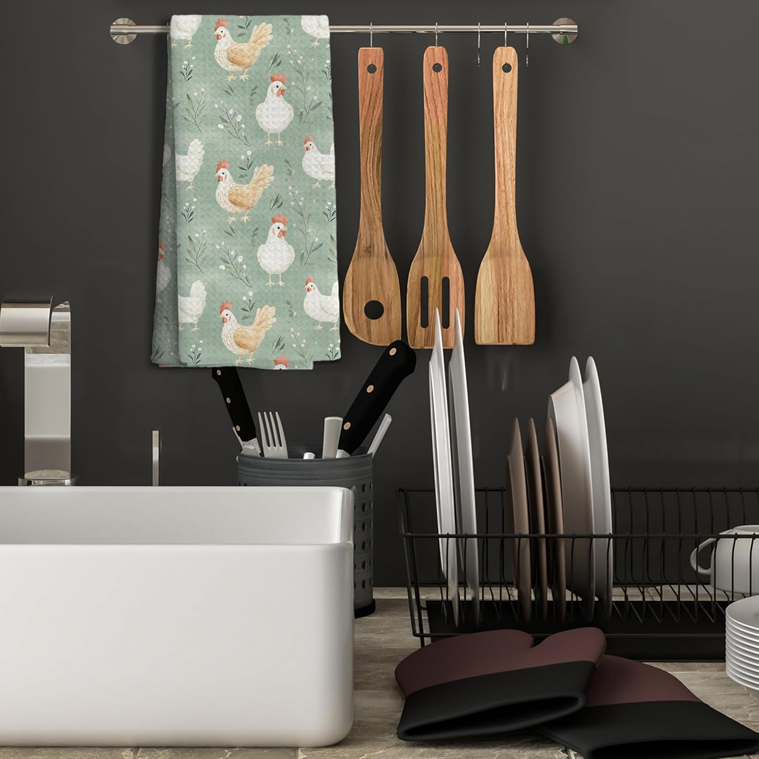 Green Chicken Floral Kitchen Dish Towels for Bathroom Decor, Farmhouse Cottage Core Decor Kitchen Hand Dish Towels Bathroom, Chicken Gifts for Women Mom Lady,16x24 Inch - Image 5