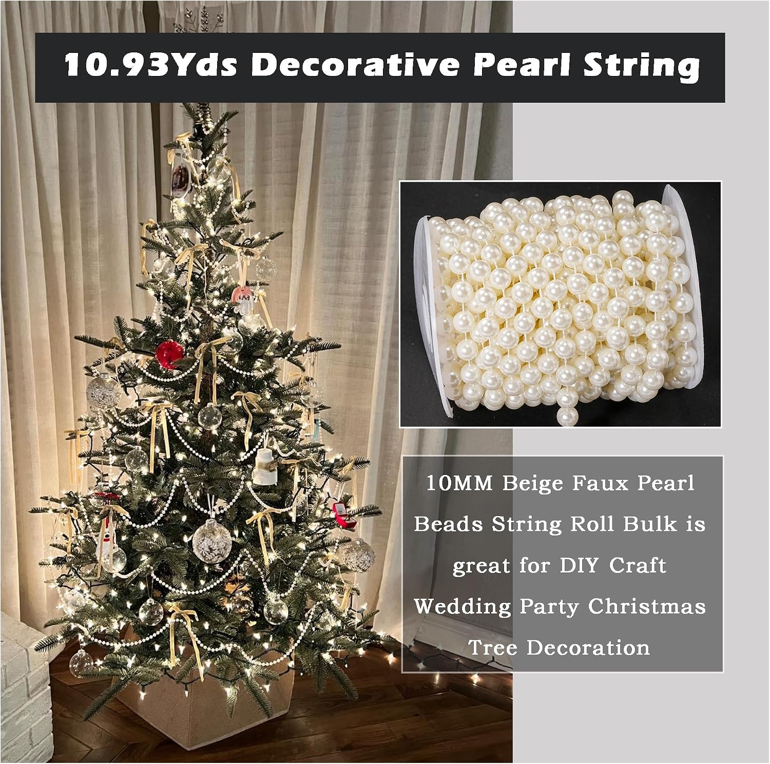 Round Faux Pearl Beads Garland Roll Strands 10mm 29.5 Feet Beige for DIY
