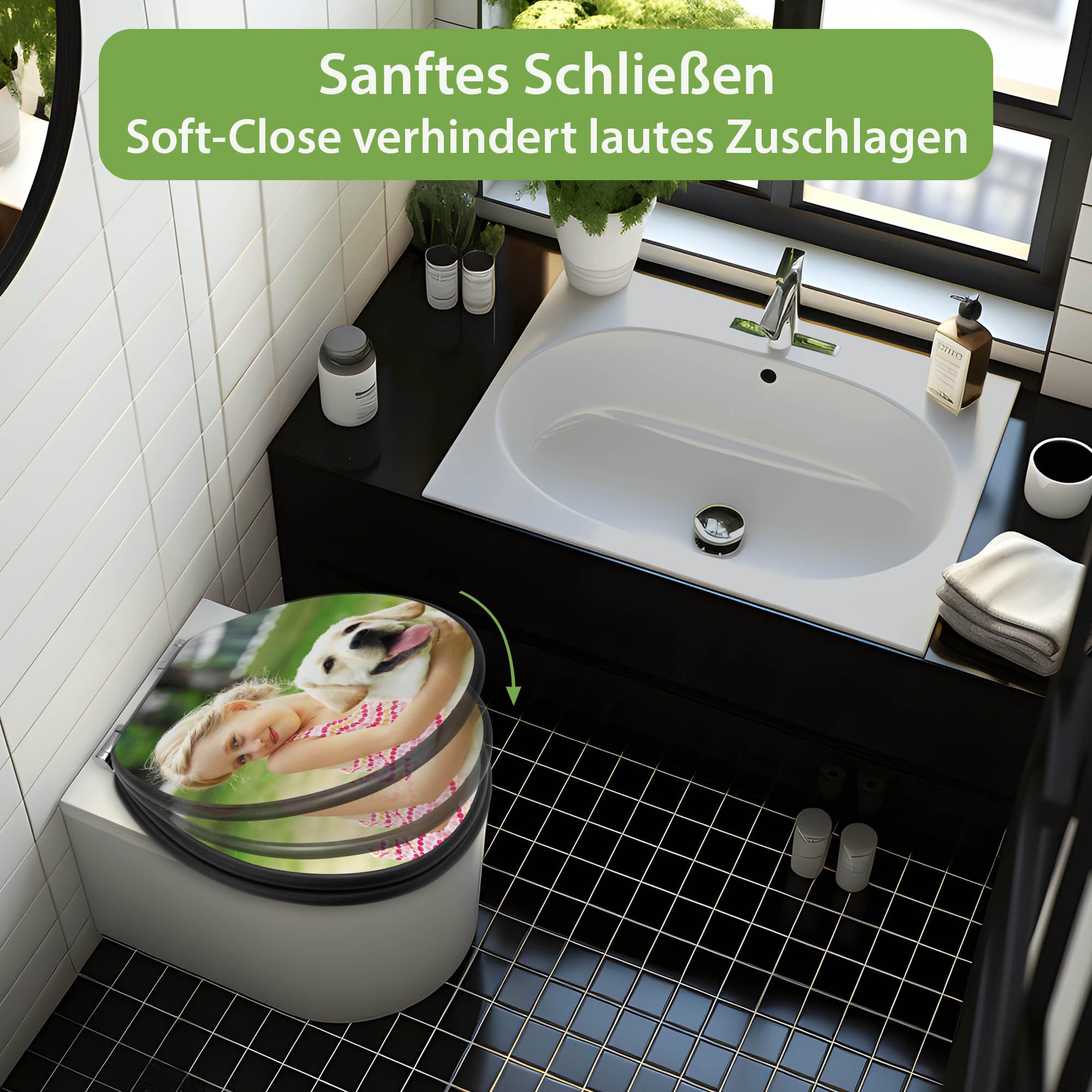banjado WC Sitz anthrazit mit Absenkautomatik - 38 x 46,5cm O-Form - MDF Holzkern Toilettendeckel - Klodeckel grau mit Metallscharnieren - pflegeleichte Klobrille fürs Bad - Motiv Wunschmotiv