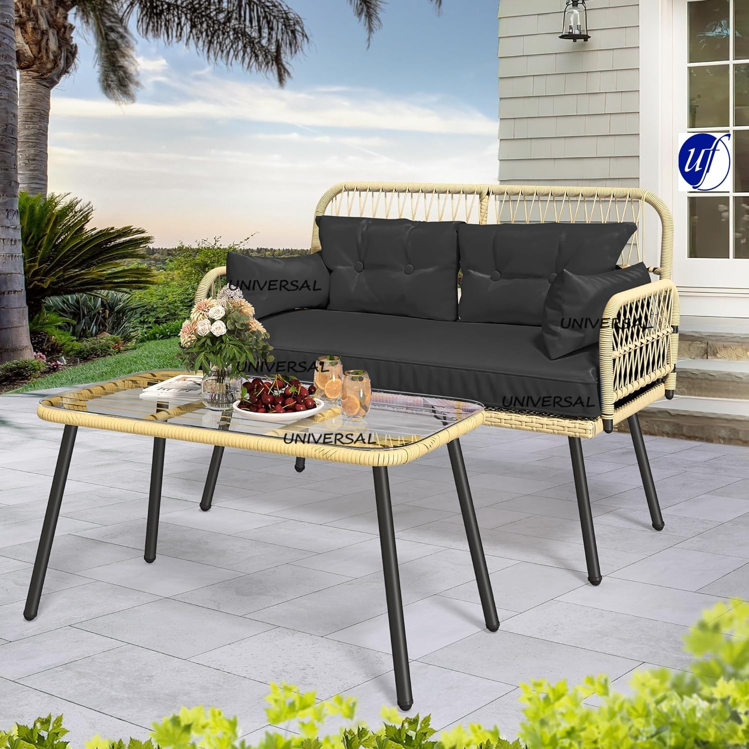UF Outdoor Rope Chair and Table Set of 2 Patio Chairs with Coffee Table for Garden, Balcony & Terrace Weatherproof Outdoor Patio Furniture Set-(Beige and Black)-image-2