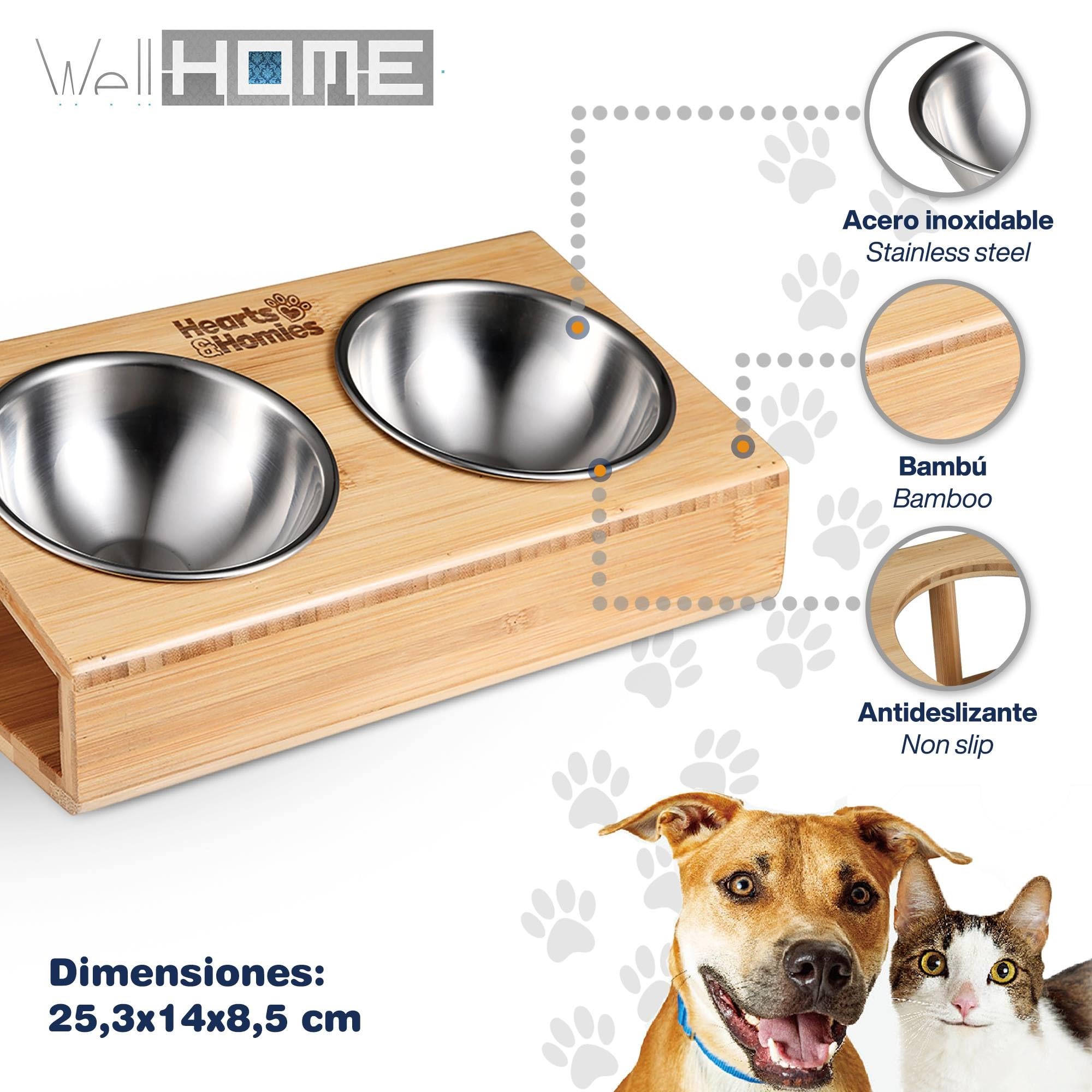 Haustierbett | Farbe Grau | Maße 90 x 70 x 28 cm | ergonomisches Bett für mittelgroße Hunde | maschinenwaschbarer Bezug | und Futternapf aus Edelstahl und Halterung aus Bambus