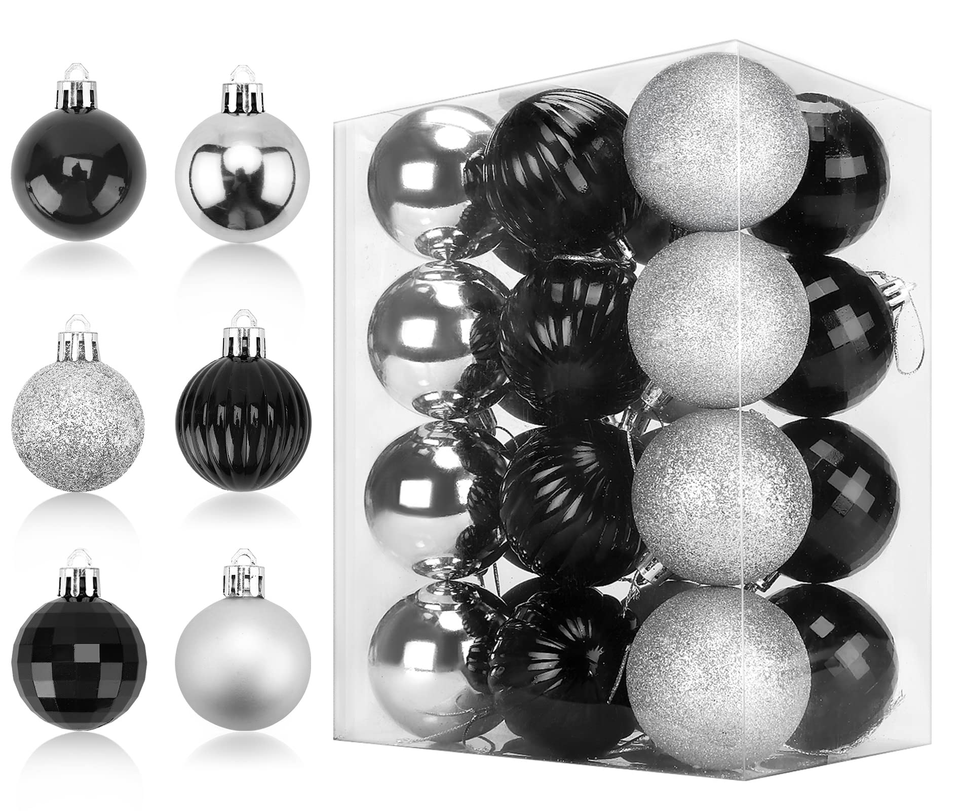 Supzone 24ct Christmas Balls Ornaments Black and Silver Shatterproof Christmas Tree Decorations Tree Pendants Hanging Decorations for Xmas Halloween Holiday and Party Widgets Decoration 2.3"/6cm