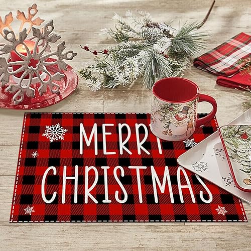 Miniatura 7 de Juego de 4 manteles individuales de Navidad para mesa de comedor, cuadros rojos y blancos, decoración de Navidad, invierno, temporada, acuarela,