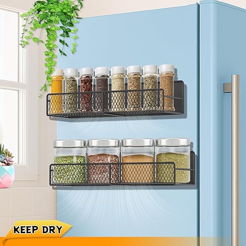Miniatura 3 de Paquete de 2 estantes magnéticos para especias para refrigerador, estante magnético negro con 4 ganchos extraíbles, estante magnético a prueba de