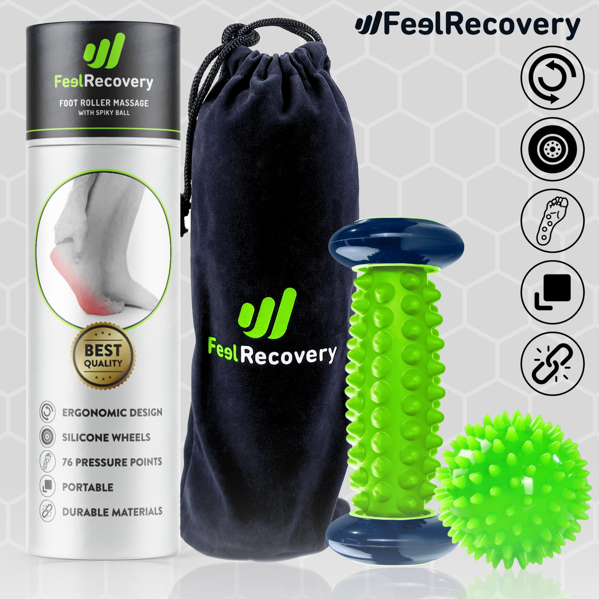 Set Fußmassageroller für Plantar-Fasziitis + Igelbälle Massagebälle für Fußreflexzonenmassage - Akupressur Kit für Füße, Fersensporn, Beine, Cellulite & Plantarfasziitis Schmerzlinderung (Grün)