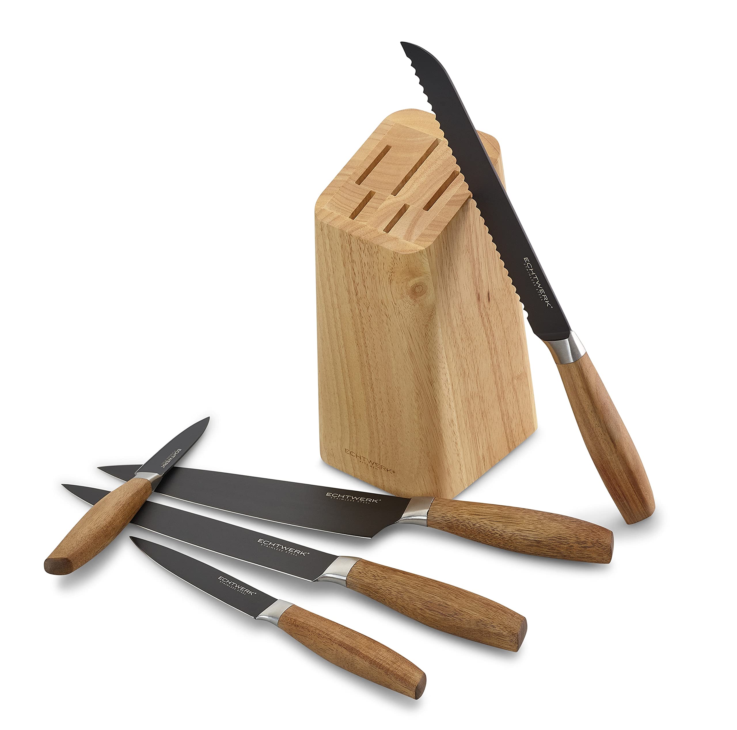 ECHTWERK Juego de cuchillos de cocina de acero, juego de cuchillos de 6 piezas con taco de madera de pakka, juego de cuchillos de cocina, acero especial, extremadamente afilado, Negro-Edición