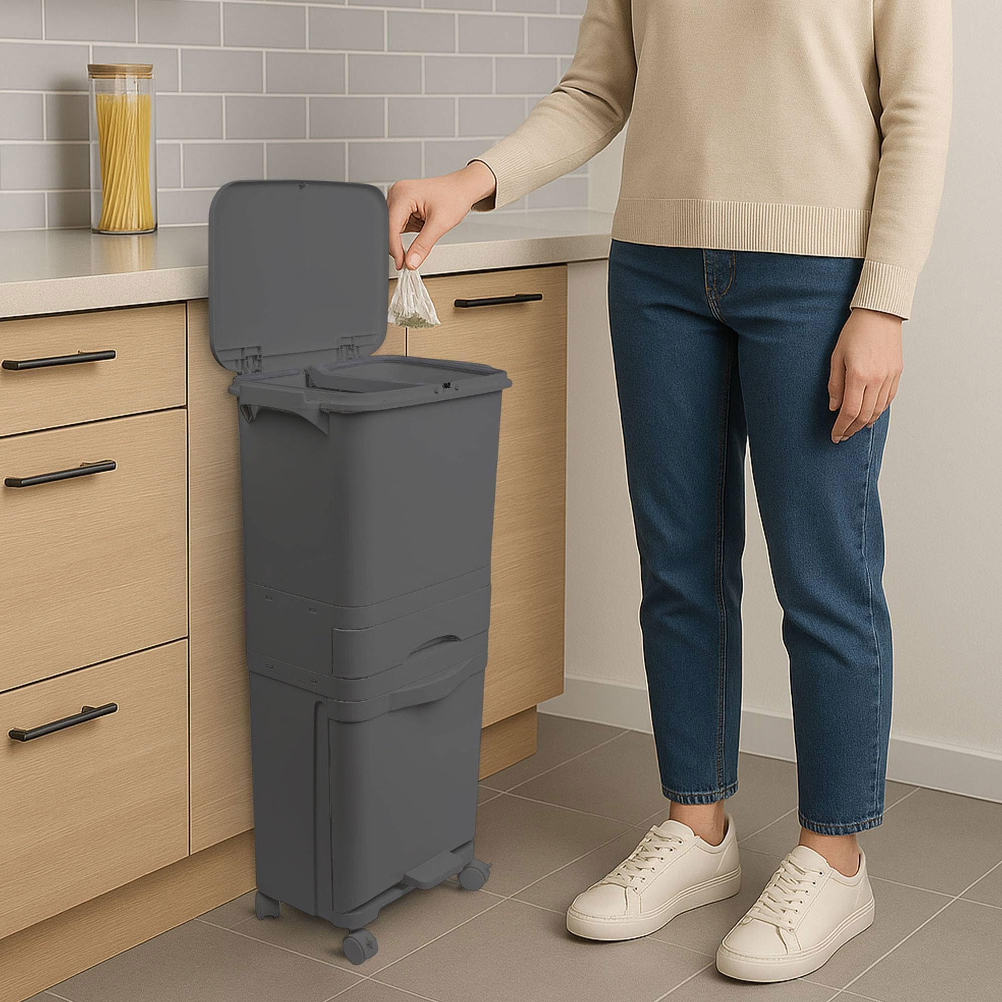 Papelera de reciclaje de clasificación selectiva con pedal, ruedas y asa de triple compartimento de 42L (24L + 4L + 14L) gris antracita