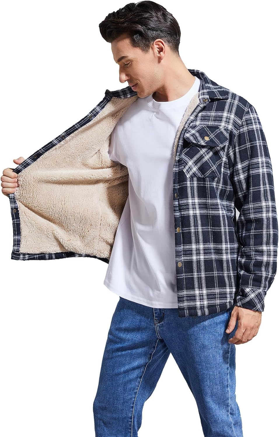 Men's Sherpa Lined Cotton Flannel Shirt Jacket Plaid Button Up Jacket Coat for Men with Pocket - Image 3