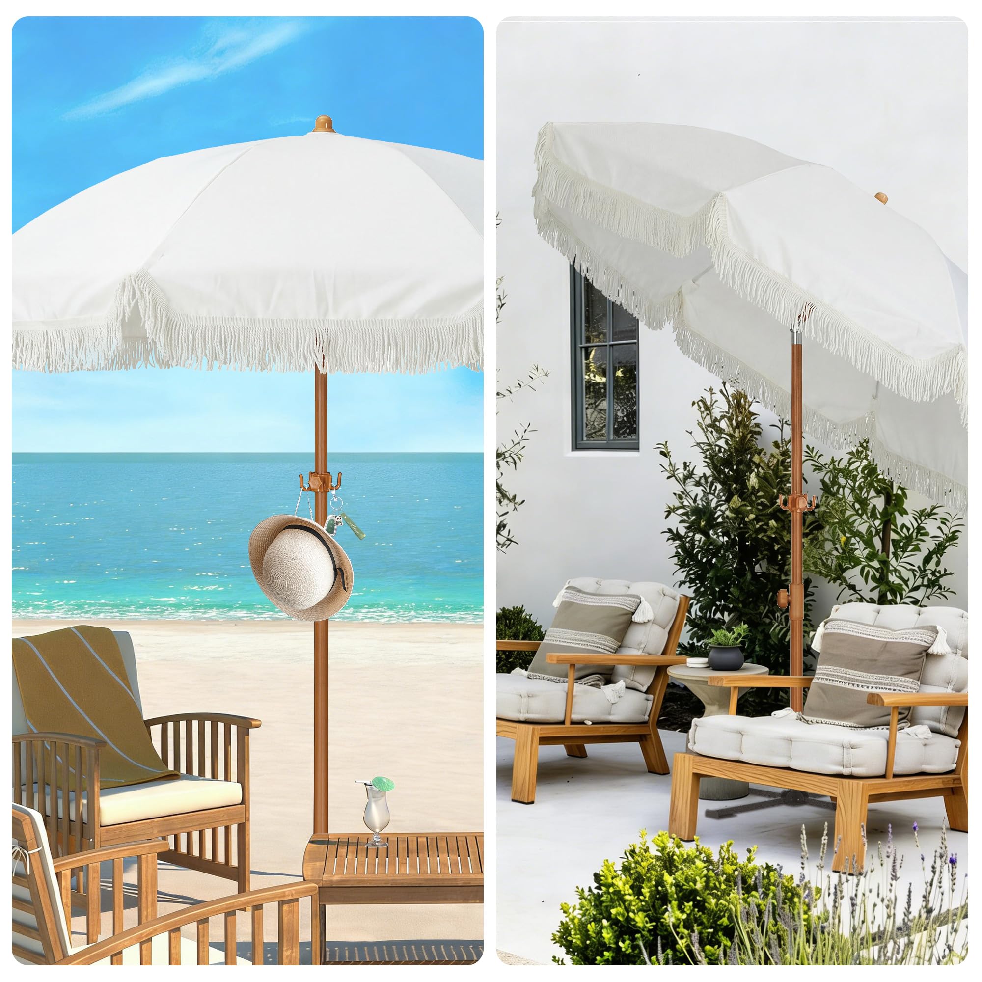 HOMEDEMO Parasol de plage à franges 200 cm, adapté jardin, marché et terrasse, rond blanc avec housse de protection, protection UV50+