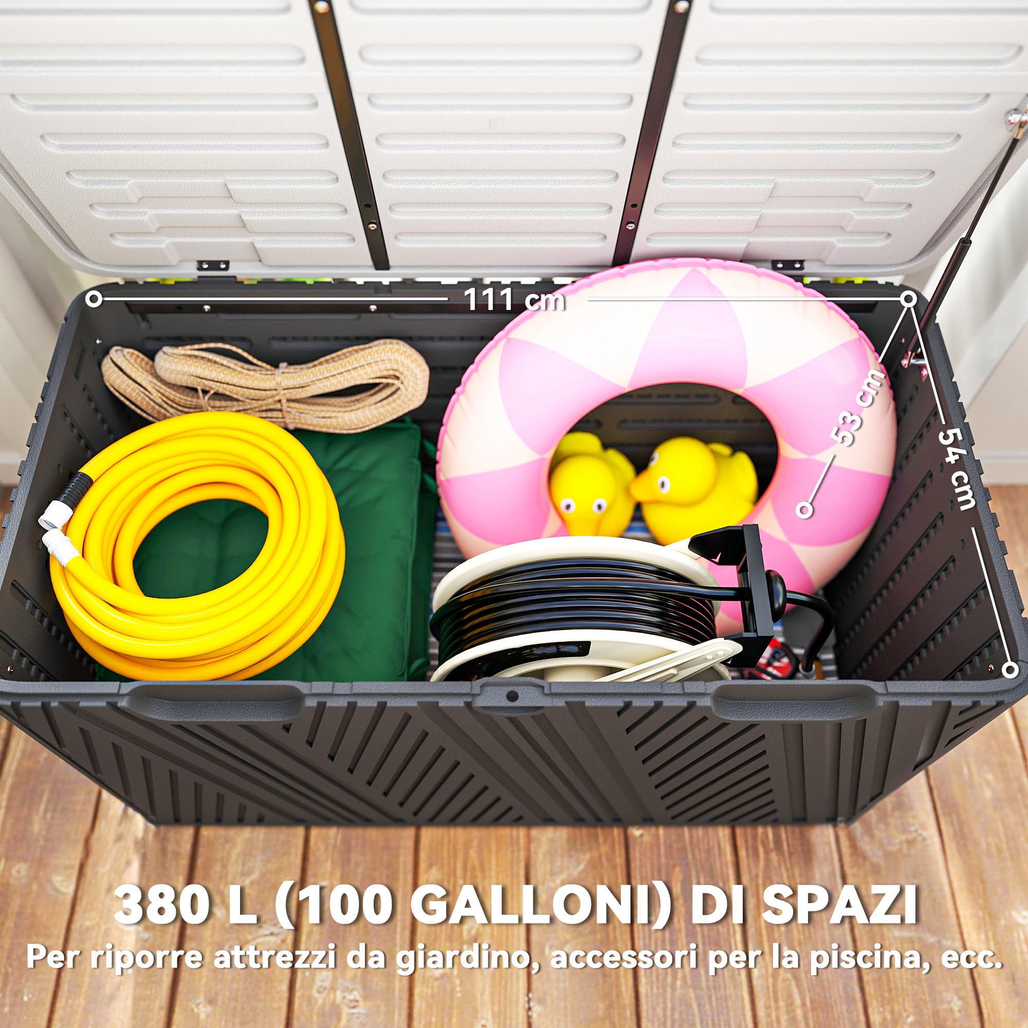 Outsunny Baule da Esterno da 380L Impermeabile in HDPE, Cassapanca Contenitore da Esterno con Coperchio a Leva e 2 Maniglie Laterali, Protezione UV, 115x60x60 cm, Nero e Grigio