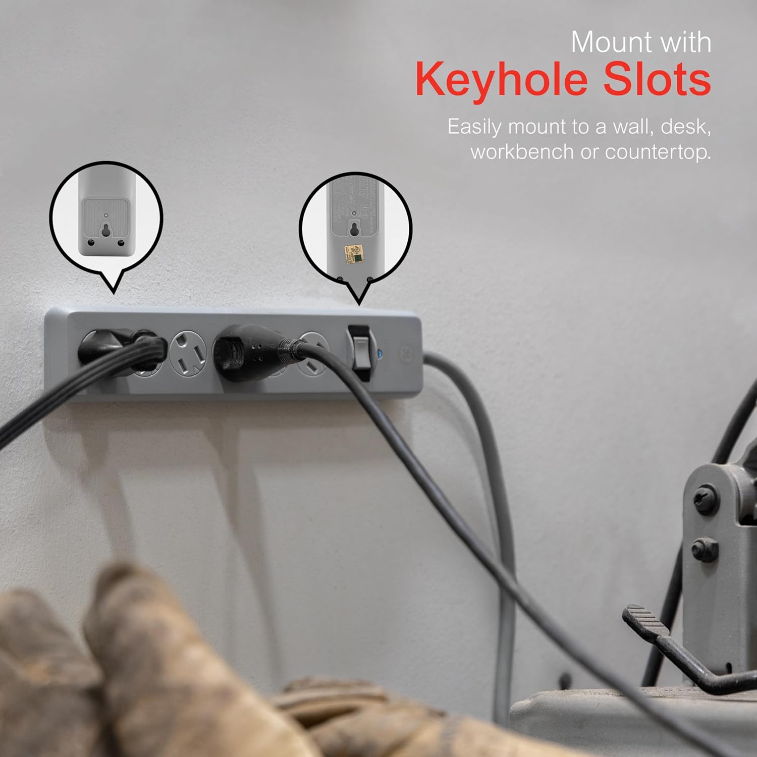 GE Surge Protector Power Strip, 25 Ft Extension Cord, 6 Outlet Extender, 800 Joules, Flat Plug, Twist-to-Close Safety Covers, UL Listed, Gray, 62470