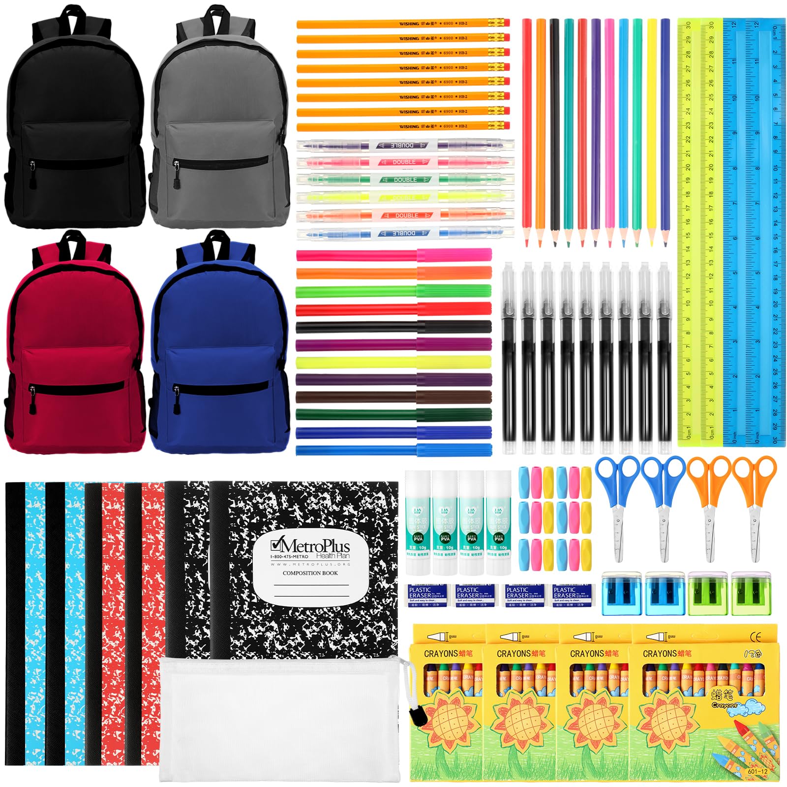 Gilprop Set di 4 articoli essenziali per il rientro a scuola, include astuccio per la scuola, penna gel, matite colorate, pastelli, matite, quaderni, temperamatite, forbici, colla, gomma, astuccio per