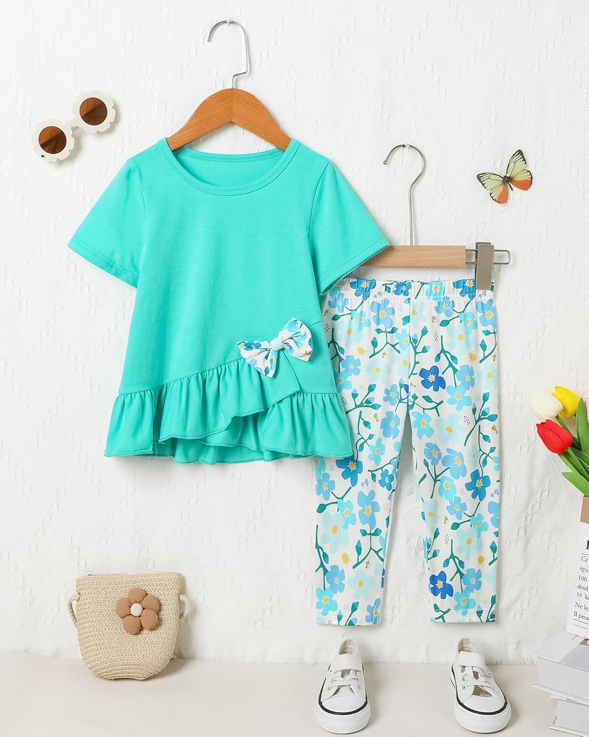Toddler Girl Clothes 2-8Years Girls Outfit, Short Sleeve Ruffle Bowknot Top+Floral Capri Pants 2Pcs Spring Summer Set - Image 6