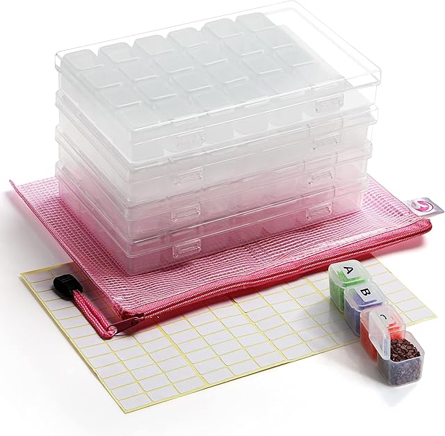 BELLE VOUS 5D Diamond Dot Painting Embroidery Storage Boxes with Accessories (285 Pieces) - 4 x 28 Slot Container, Pouch and Labels Kit for Arts and Crafts - for Adults and Kids