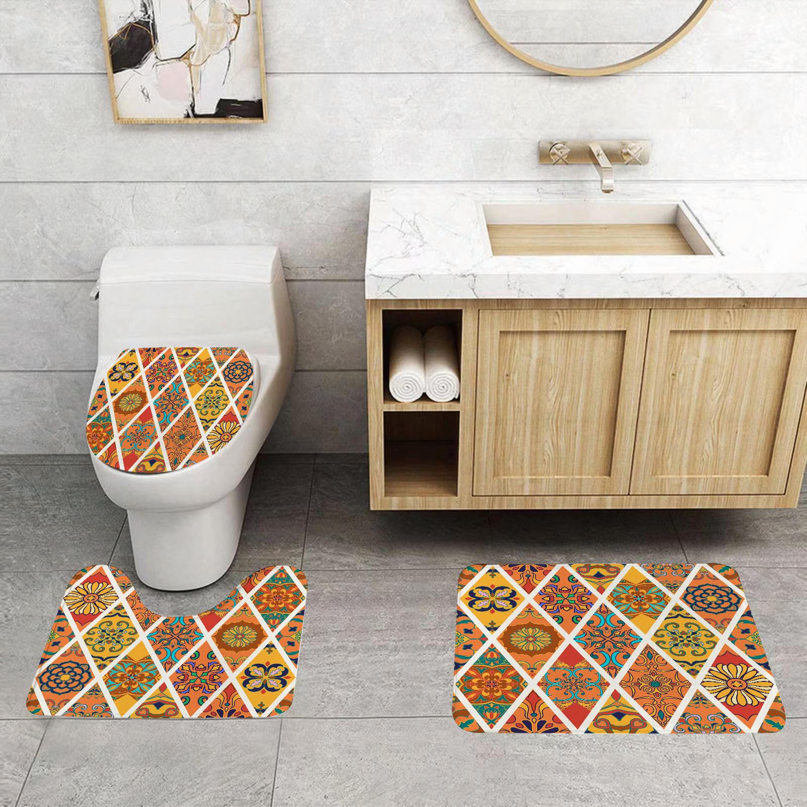 Set di 3 tappetini da Bagno, Lavabili in Lavatrice e Antiscivolo, in Morbida Fibra Superfine, con Trama vettoriale Senza Cuciture. Bellissimo Design a Patchwork e alla Moda.