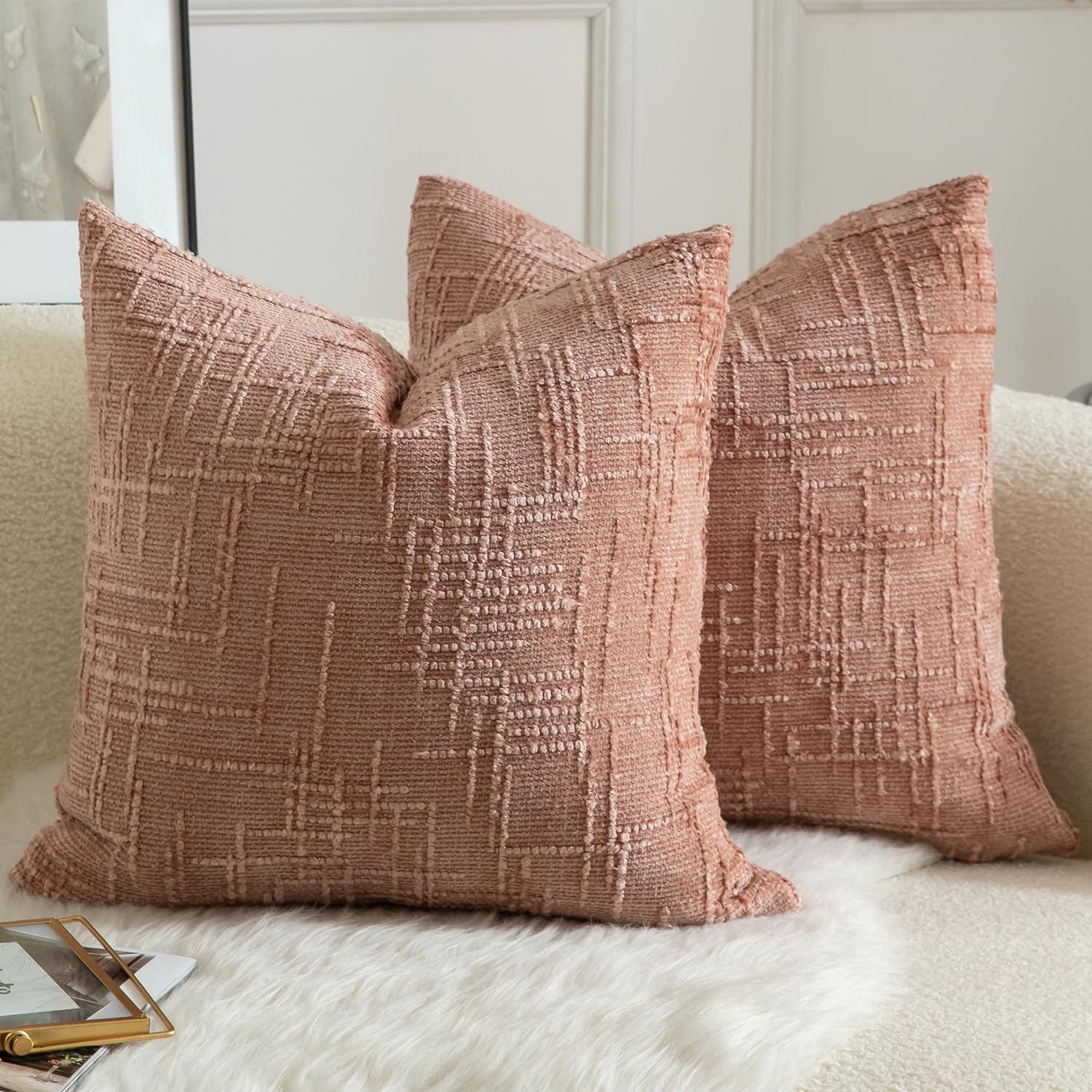 Mandioo Pack of 2 Solid Decorative Soft Chenille Dusty Pink Cushion Covers 50x50cm 20x20 Inch Lumbar Accent Solid Throw Pillow Case Soft Cozy Luxury Pillow Covers for Sofa Couch Bedroom