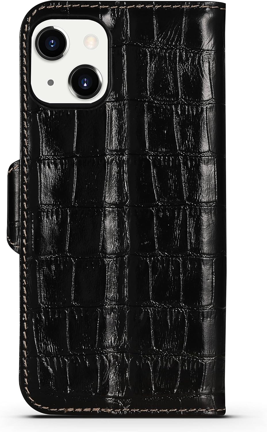 Genuine Leather Wallet Case for iPhone 13,Classic Crocodile Pattern Real Leather Flip Stand Case Cover with Card Slot Black