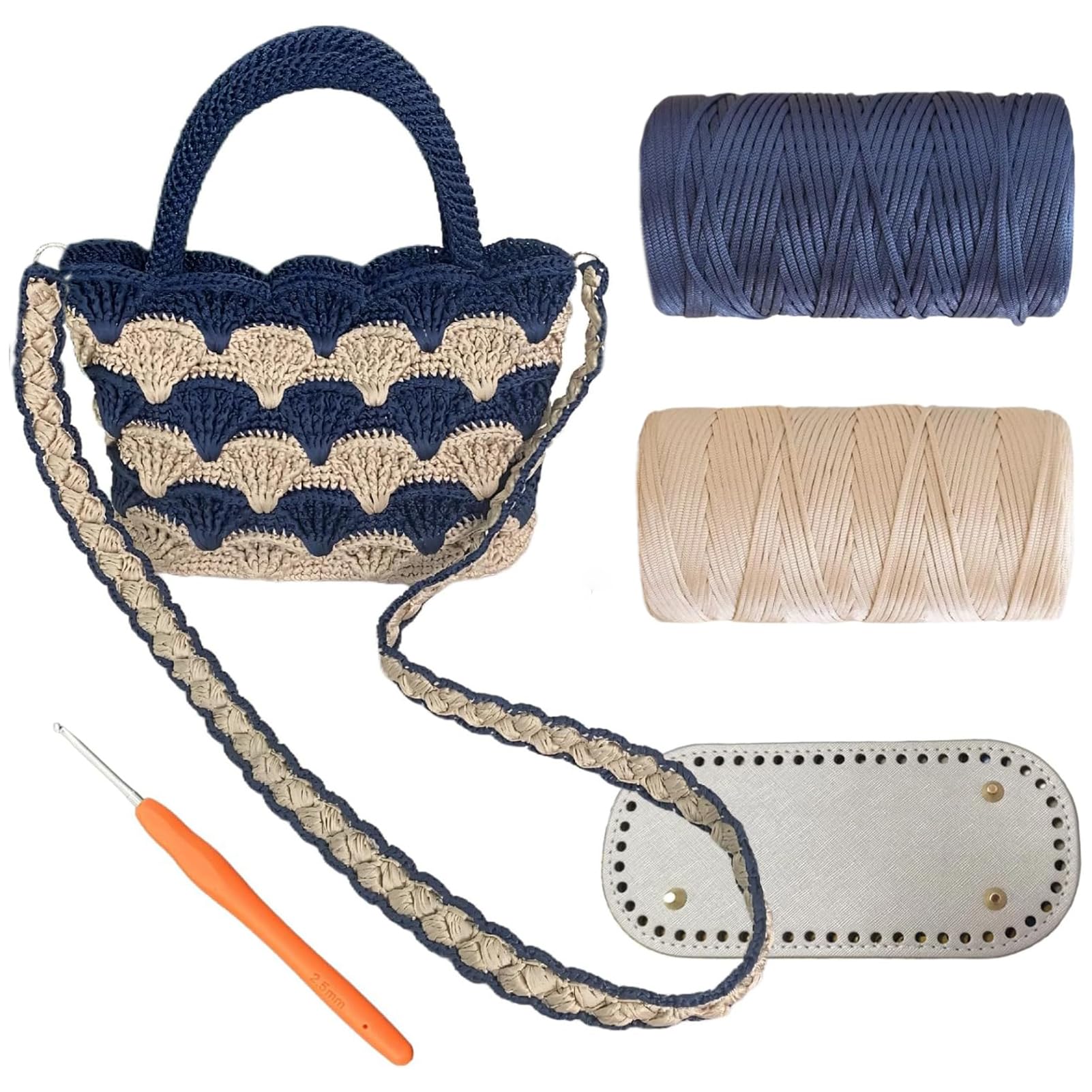 Shenjill White Blue Tote Bag Crochet Kit For Beginners Two Color Crochet Kit With Step-By-Step Videos And Written Instruction Fan-Shaped Bag Crocheting Kit For Adults Easy Crocheting Yarn (White Blue)
