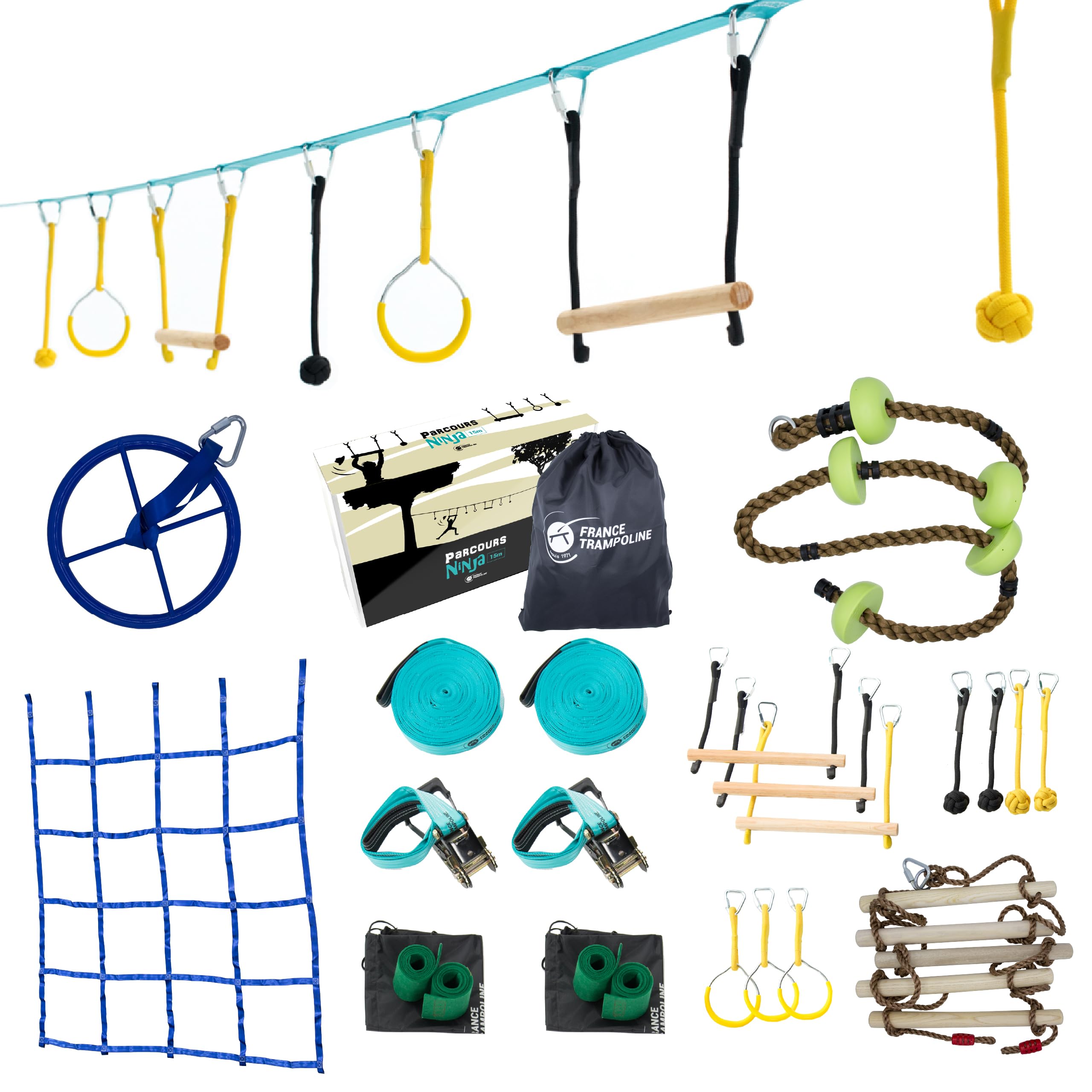 France Trampoline – Slackline und Hindernisparcours für Kinder – Ninja Parcours mit 14 Hindernissen und 15 m Slackline – Outdoor-Spiel für Kinder und Erwachsene mit Leiter, Kletternetz