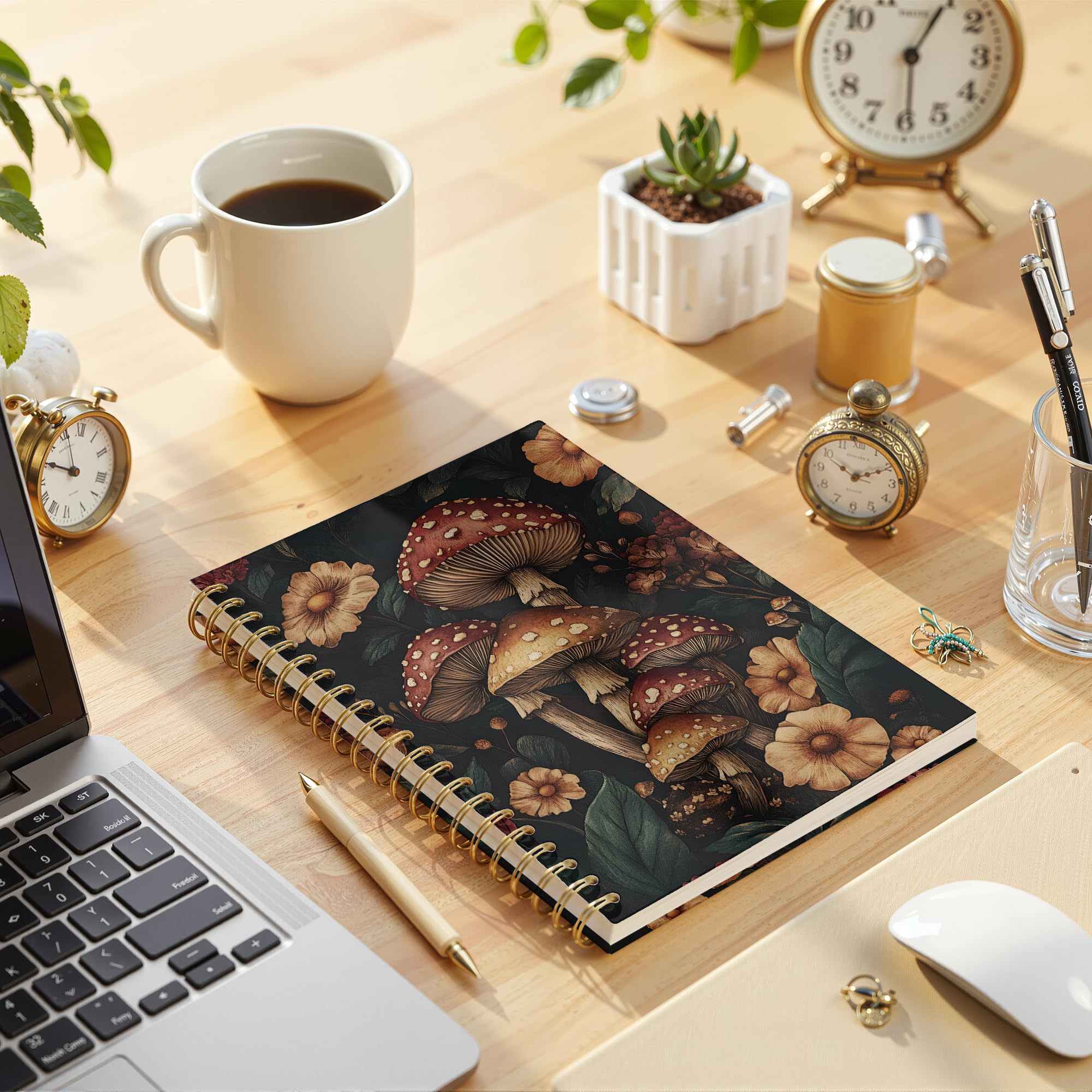 Carnet à spirale vintage avec motif floral champignon foncé et fleurs sauvages, cadeau pour les amateurs de champignons, 14 x 21 cm