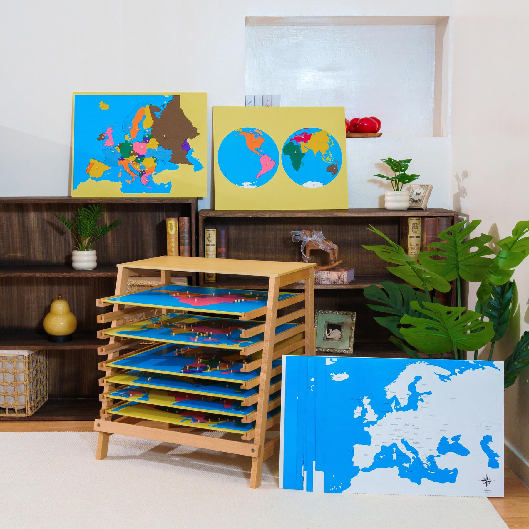 Montessori materiały geograficzne – mapy świata, kontynenty, drewniana zabawka edukacyjna do przedszkola, szkoły podstawowej, do klasy domowej, od 3 lat (Montessori puzzle, stojak na karty)