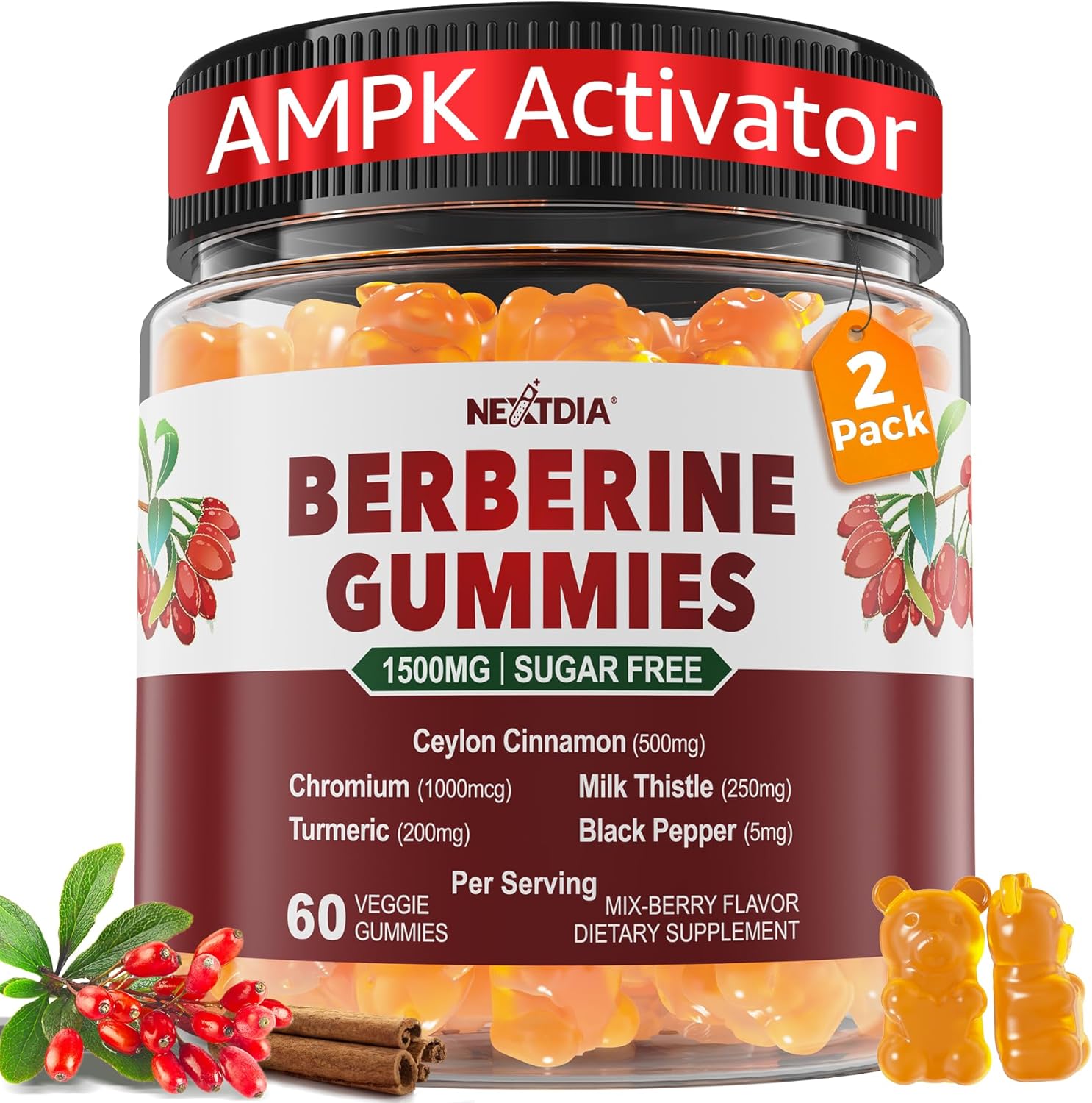 Berberine Gummies Supplement 1500mg, Natural GLP-1 Support + Ceylon Cinnamon, Chromium, Milk Thistle, Turmeric, AMPK Activator for Women & Men, Berberine HCl from Indian Barberry, Sugar Free, 2 Pack