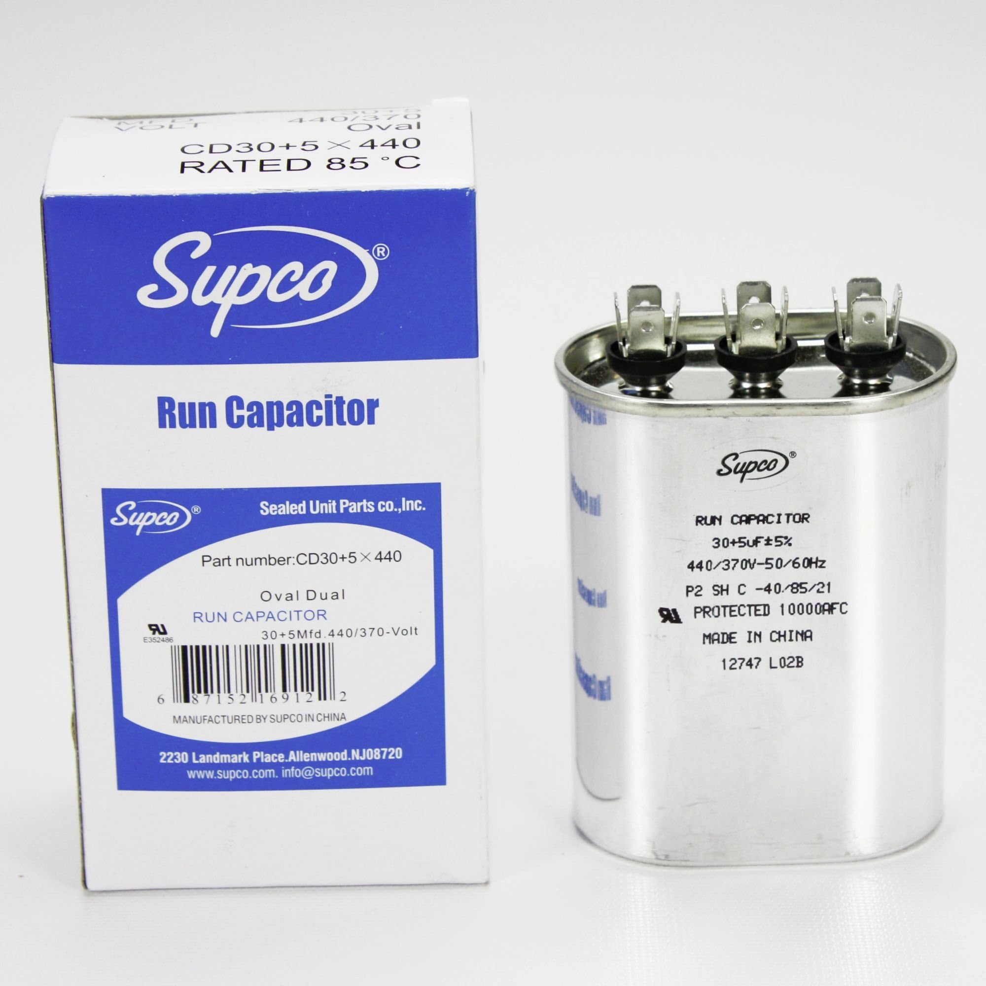 SUPCO CD30+5X440 Dual Motor Run Capacitor, Oval, 30 + 5 Mfd x 440V, 3.625" Height, 1.75" Width, 2.8125" Length