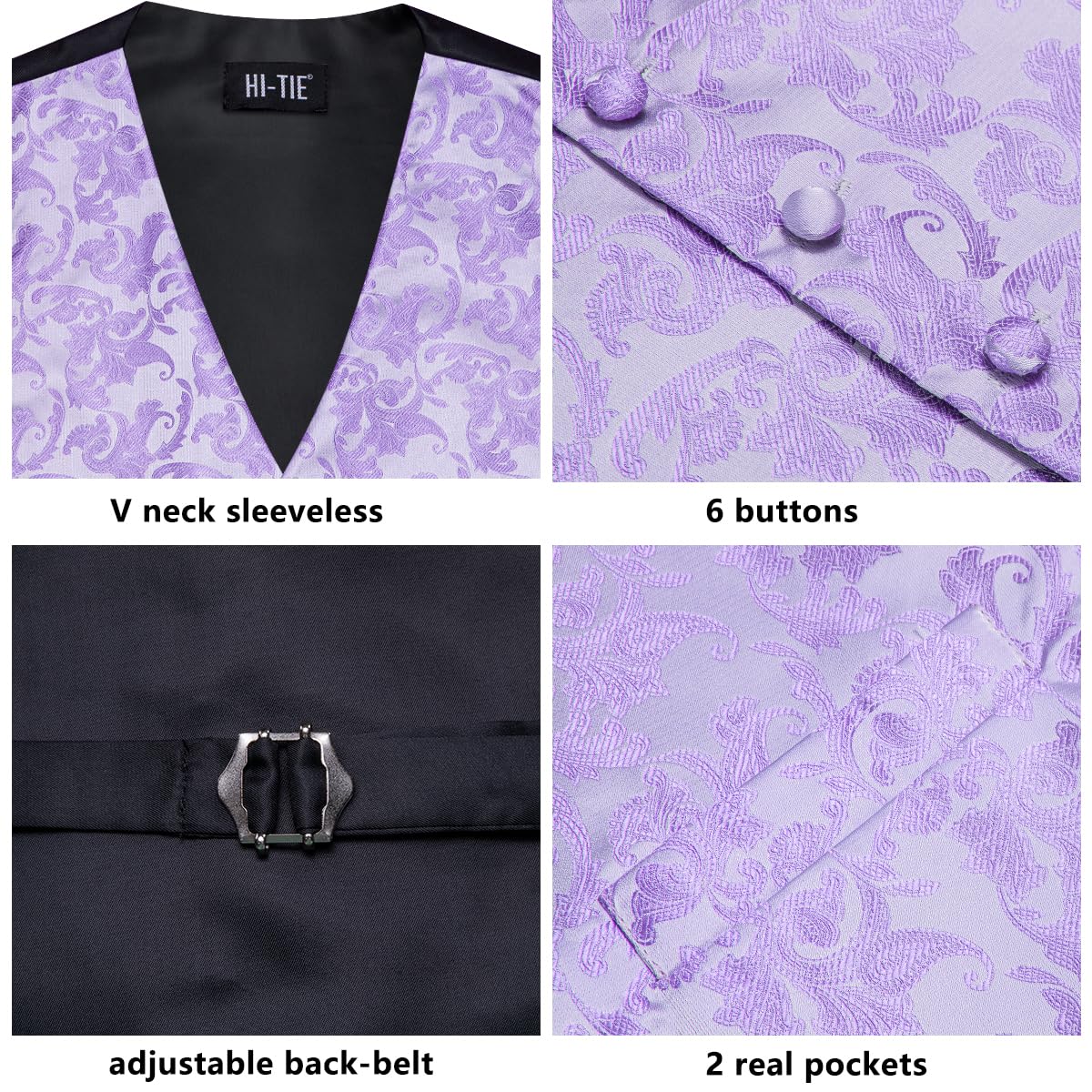 Hi-Tie Ensemble de gilets en soie jacquard pour homme avec poche à revers et cravate pour smoking de mariage