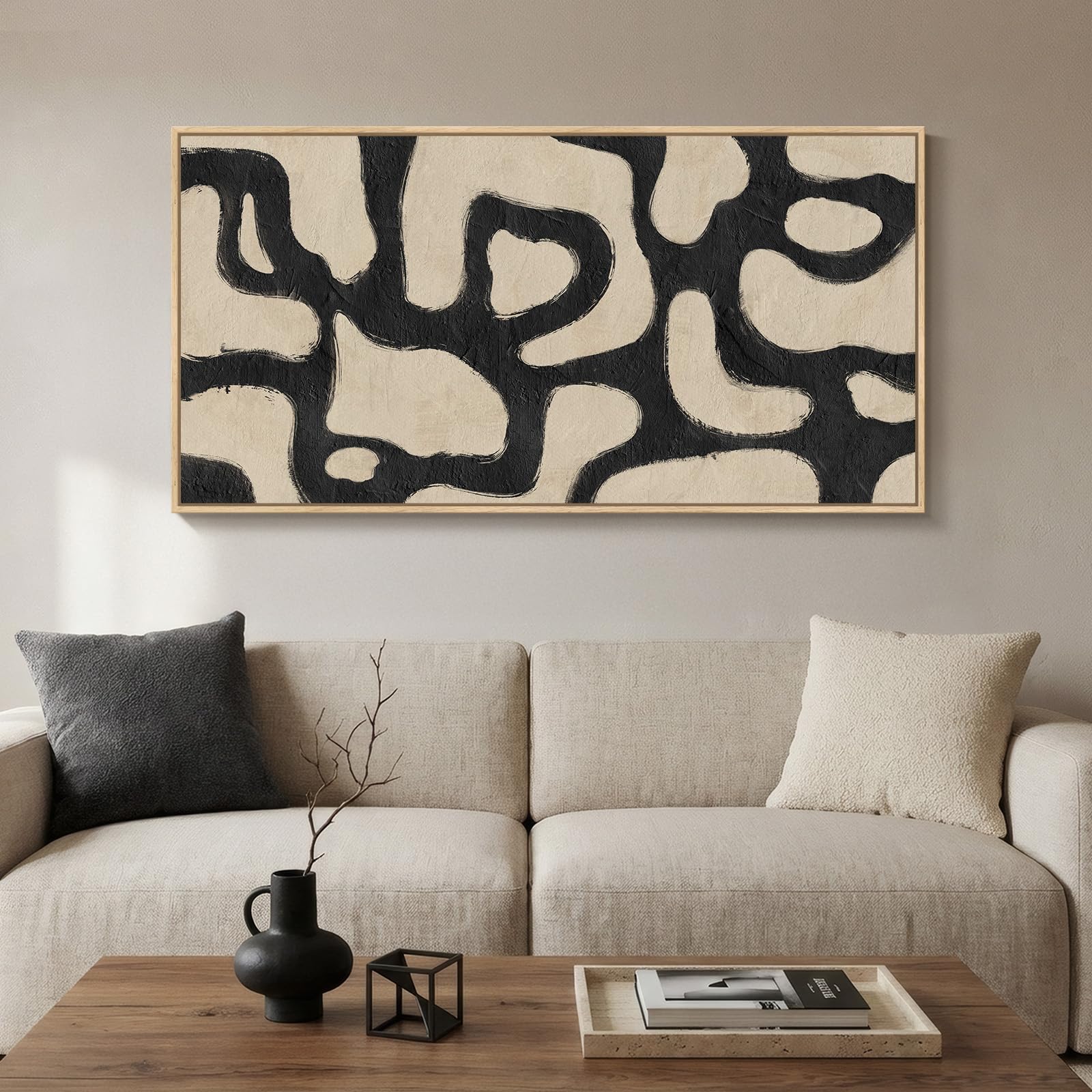 framed abstract neutral horizontal wall art for living room, black beige mid century modern artwork for walls, large abstract canvas painting print for bedroom hallway home office wall decor, 24x48 in