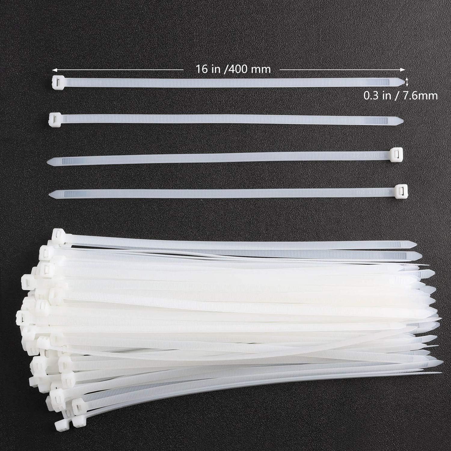 Pasow Cable Zip Ties Heavy Duty Self-Locking Nylon Wire Ties for Cables, Pack of 100 (16 Inch, White)