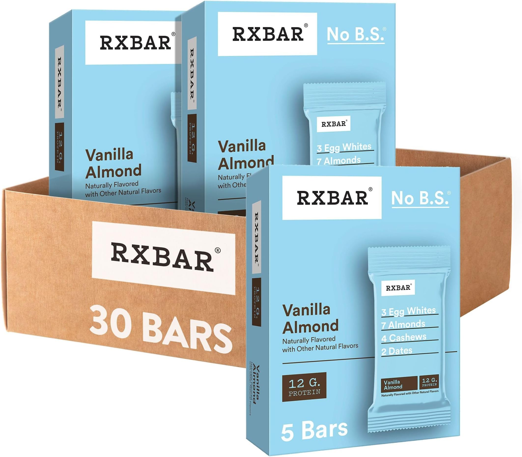 RXBAR Protein Bars, 12g Protein, Gluten Free Snacks, Vanilla Almond (6 Boxes, 30 Bars)