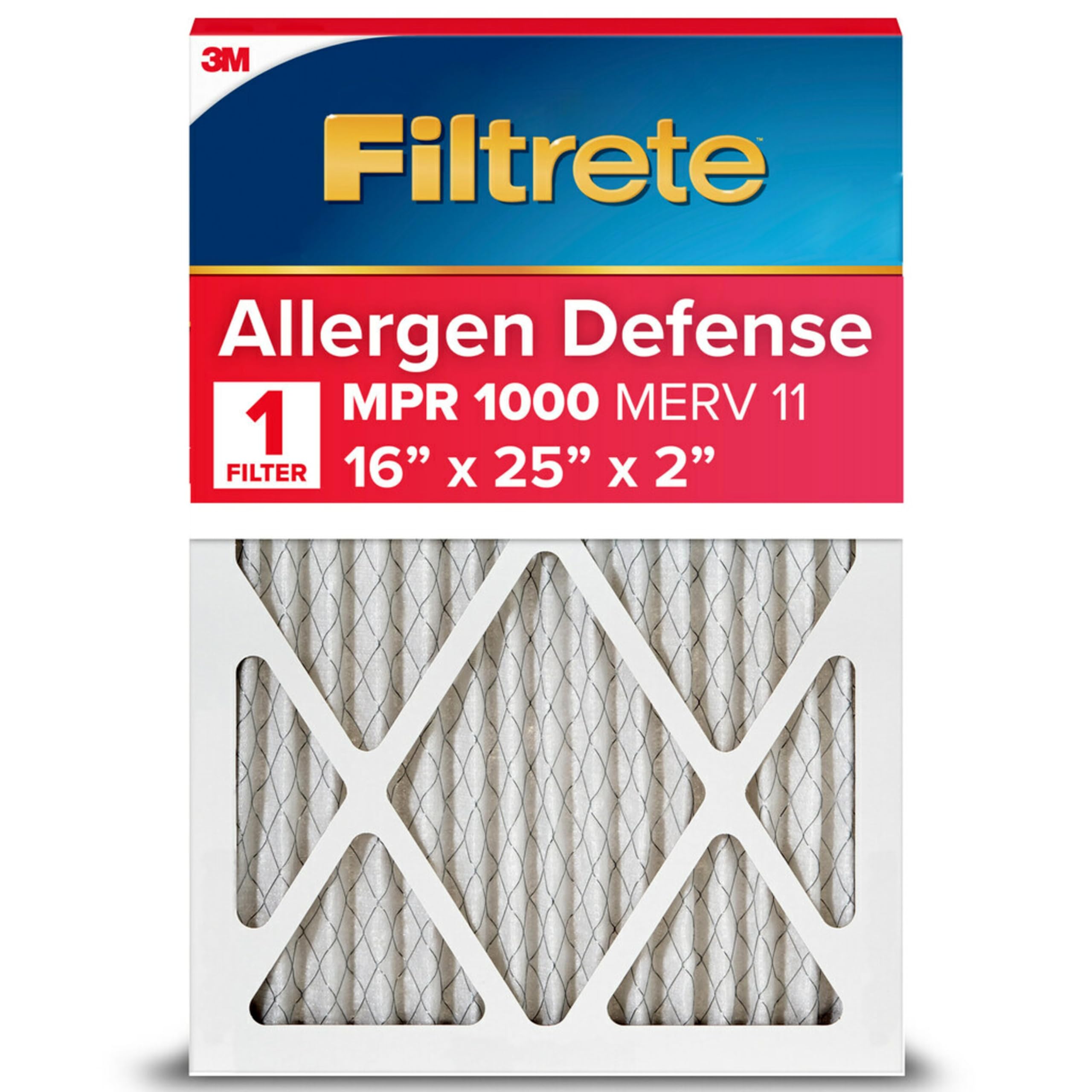 Filtrete 16x25x2 AC Furnace Air Filter, MERV 11, MPR 1000, Micro Allergen Defense, 3-Month Pleated 1-Inch Electrostatic Air Cleaning Filter, 1 Pack (Actual Size 15.5 x 24.5 x 1.75 in)