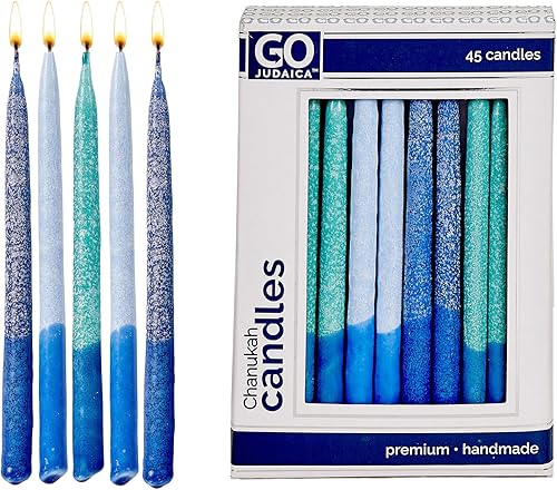 Velas de Hanukkah sin goteo | Velas de Janucá esmeriladas azules y verde azulado a granel paquete de 45 | Menorá de tamaño estándar de cera de alta