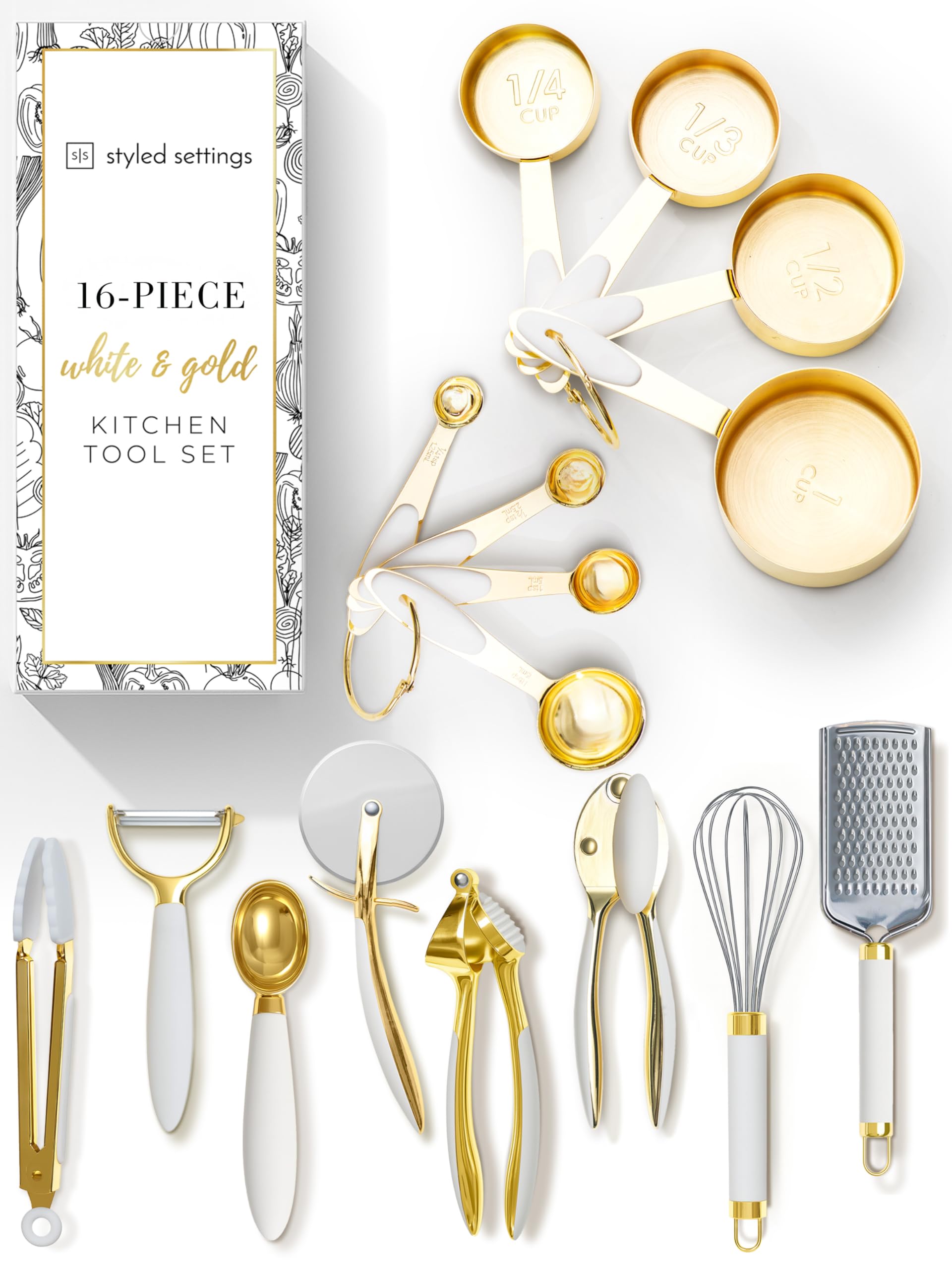 Styled Settings White and Gold Kitchen Utensils Set – 16-Piece Silicone Cooking Utensils with Measuring Cups and Spoons