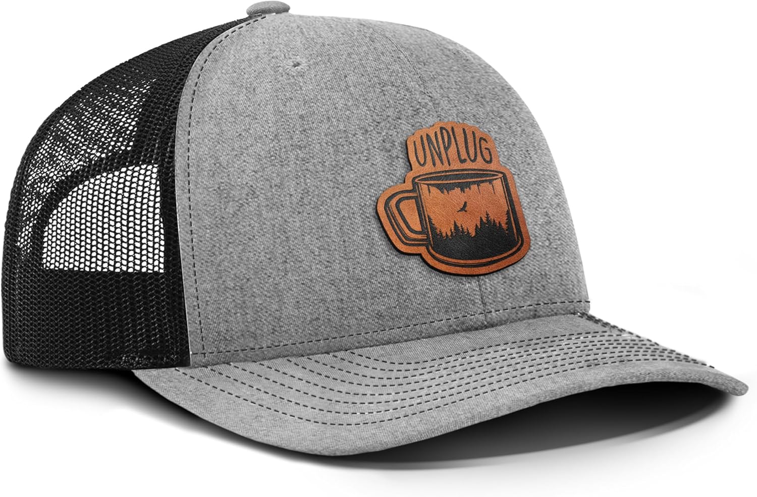 Coffee in The Trees Leather Patch Trucker Hat - Adjustable Fit Cotton Snapback Hat - Breathable Mesh Side for Casual Wear