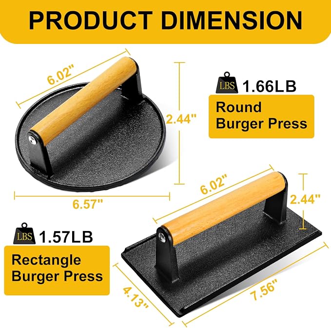 Prensa para hamburguesas de hierro fundido 6.9 pulg redonda y rectangular 8.2x4.2 pulg miniatura 2