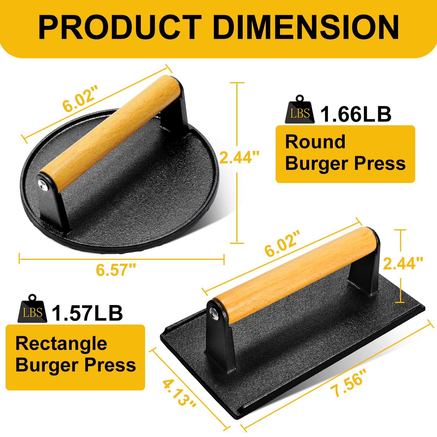 AIVIKI Prensa de hamburguesas, prensa de hamburguesas Smash para plancha Blackstone, hierro fundido resistente, redonda de 6.9 pulgadas y rectangular de 8.2 x 4.2 pulgadas con mango de madera, peso de