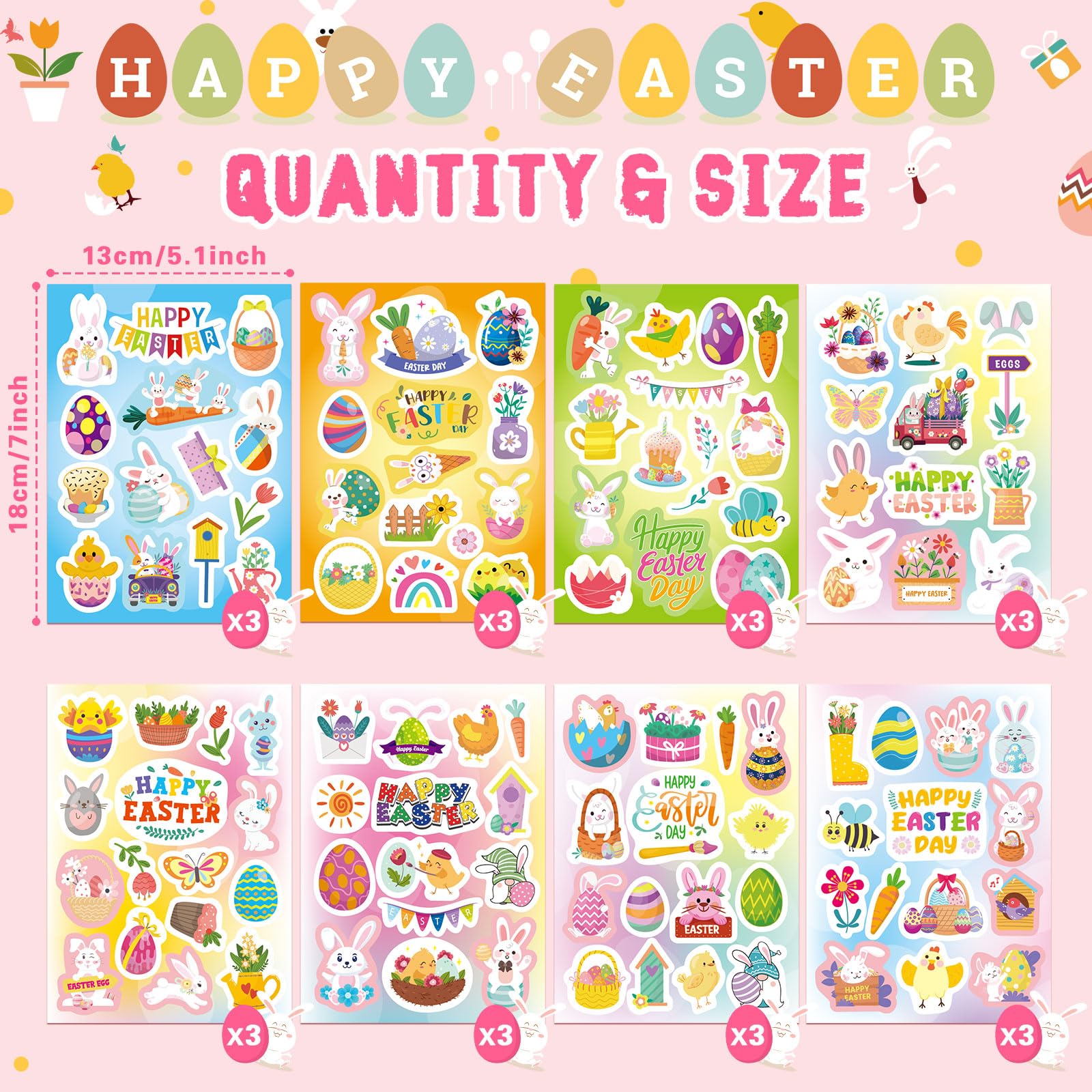 Autocollants Pâques 24 Feuilles 342Pcs Gommette Œuf Lapin Carottes Panier Cartes Enveloppes Scrapbooking Enfants Fournitures Fête