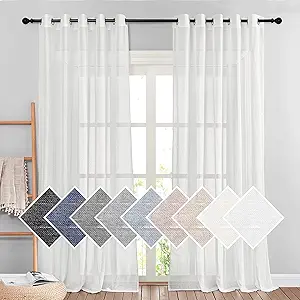 NICETOWN Privacy White Sheer Linen Curtains 96" L, Grommet Semi Sheer Linen Elegant Vertical Drapes with Light Filtering Window Treatments for Farmhouse/Porch, 140" W Total 2 Panels