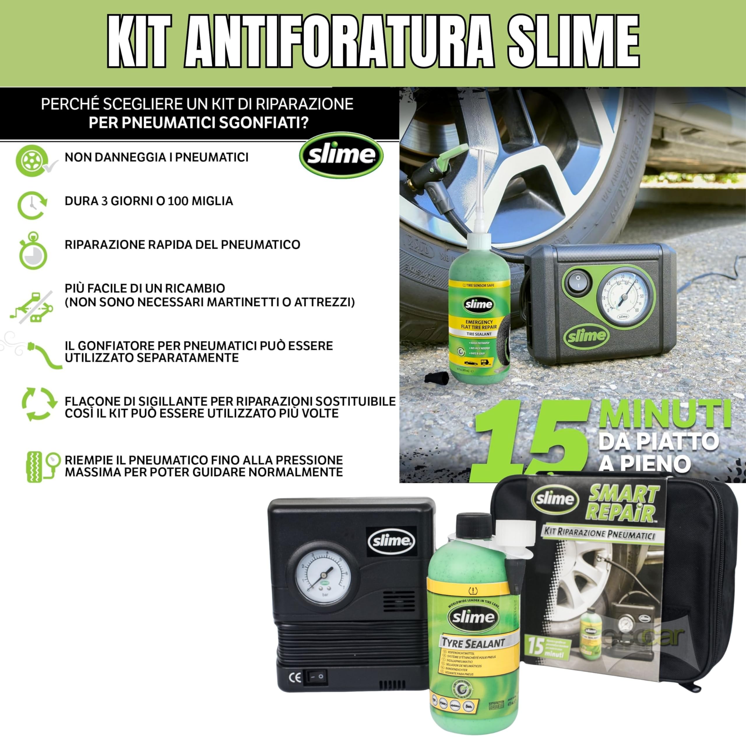 ecocar - Kit Accesorios Moto, Emergencia, Herramientas de Seguridad, Slime Reparación de Gomas, Maletín Primeros Auxilios, Chaleco Reflectante