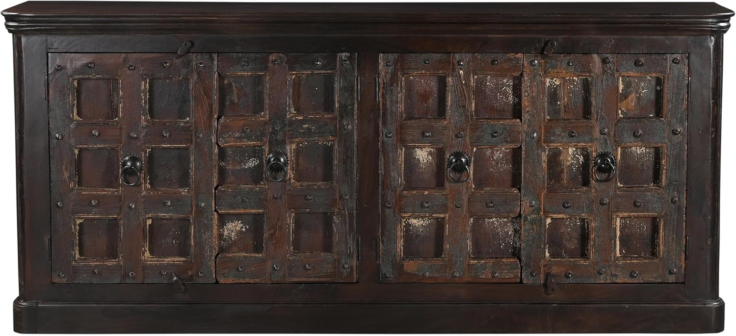 Dark Brown Carved Lattice 4-Door Solid Wood Sideboard Storage Cabinet