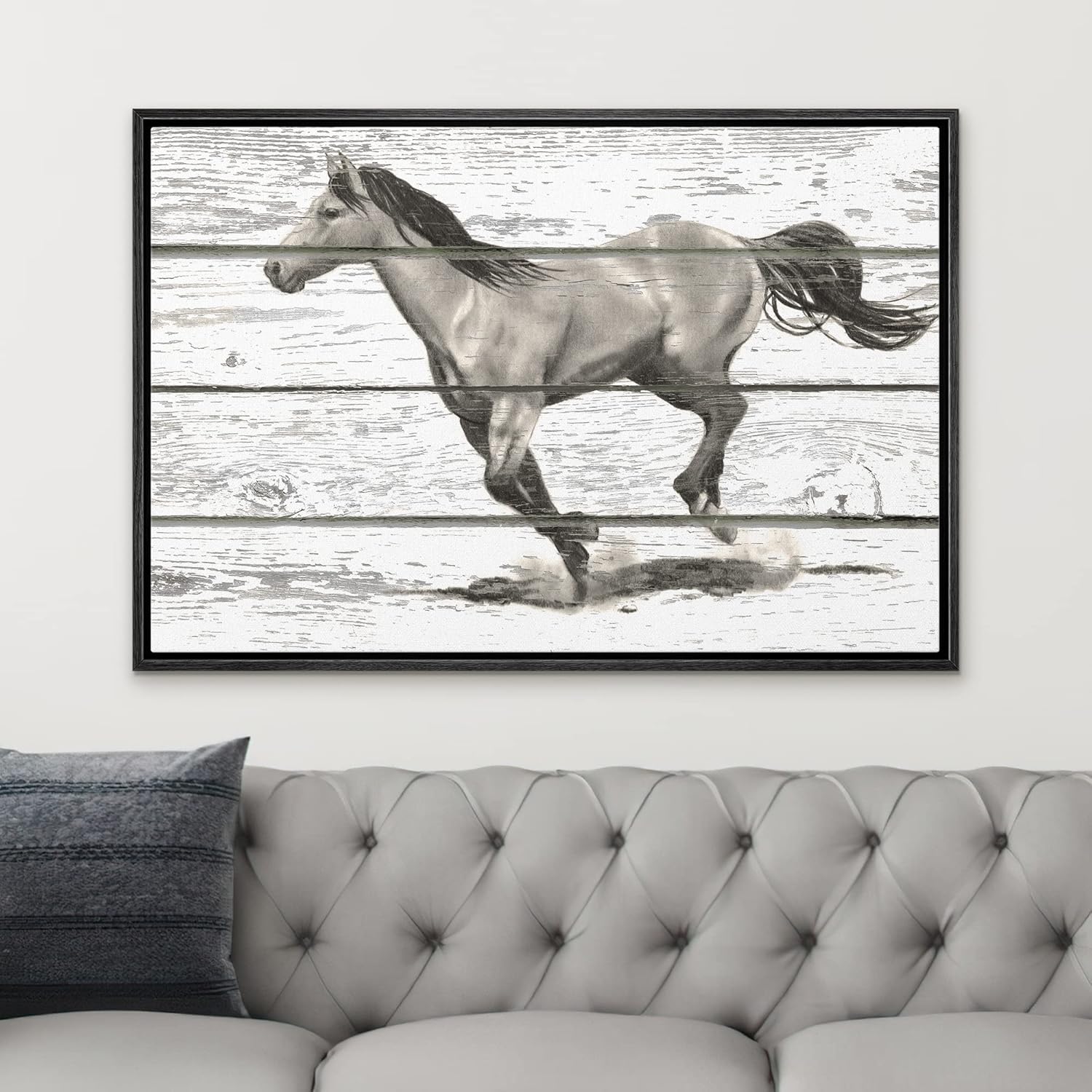 wall26 - A Horse Running Along The Path On a Wooden Textured Background - Framed Canvas Art Home Art - 24"x36" Black
